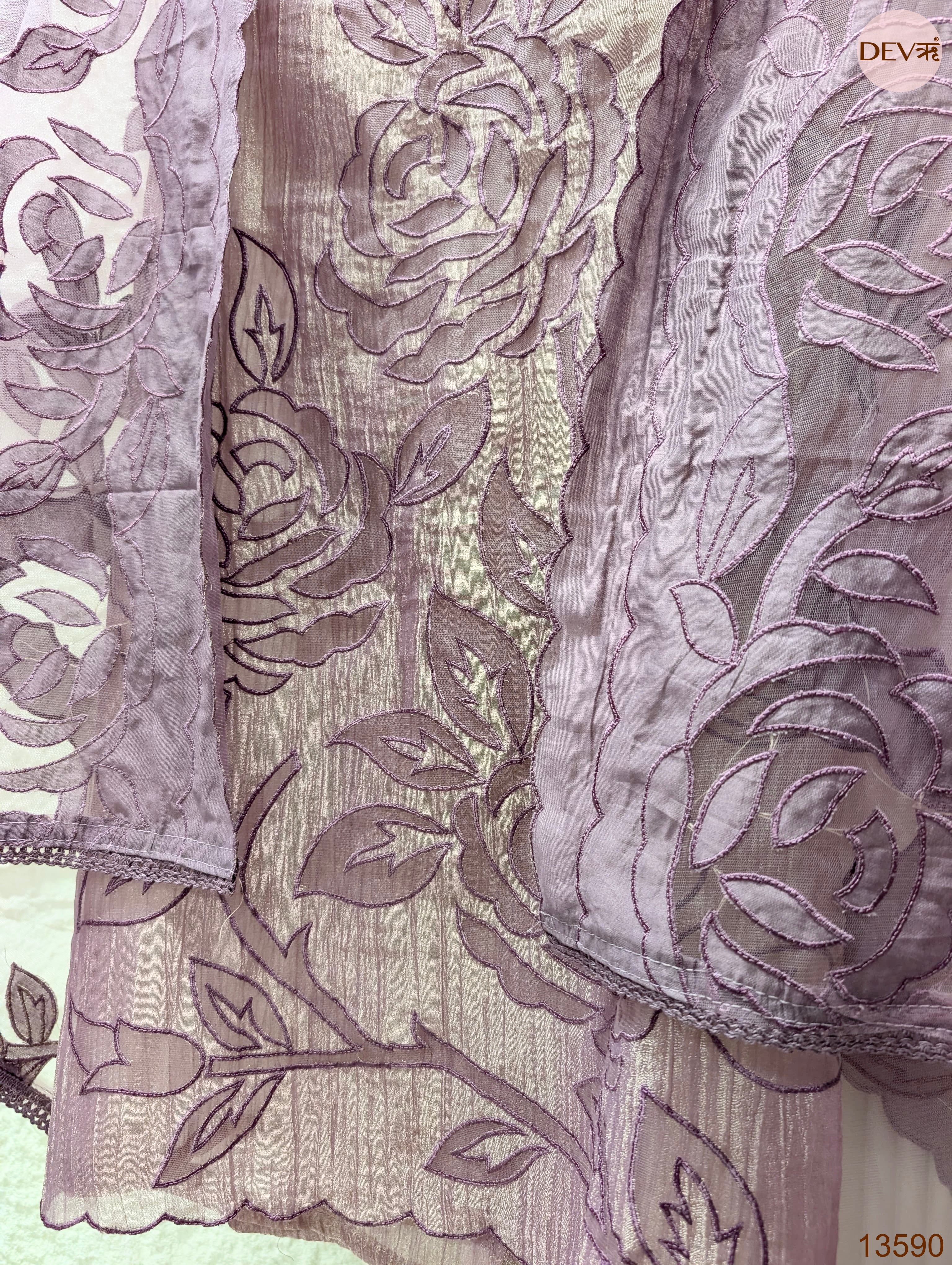 Purple Tissue Crush Silk Embroidered Unstitched 3-Piece Suit (Devri – D.No 13590)