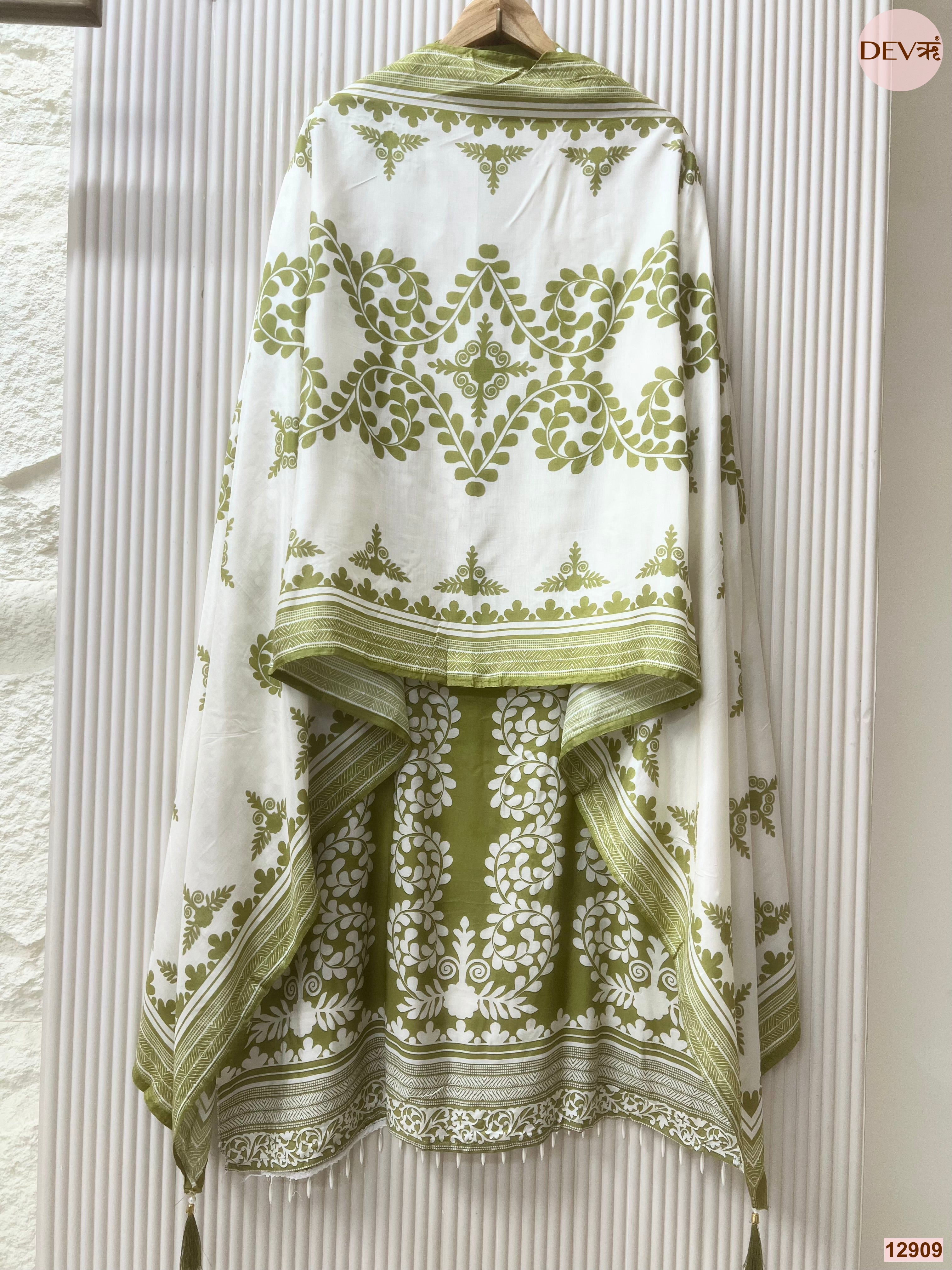 Olive Muslin Printed Unstitched 3-Piece Suit (Devri – D.No 12909)