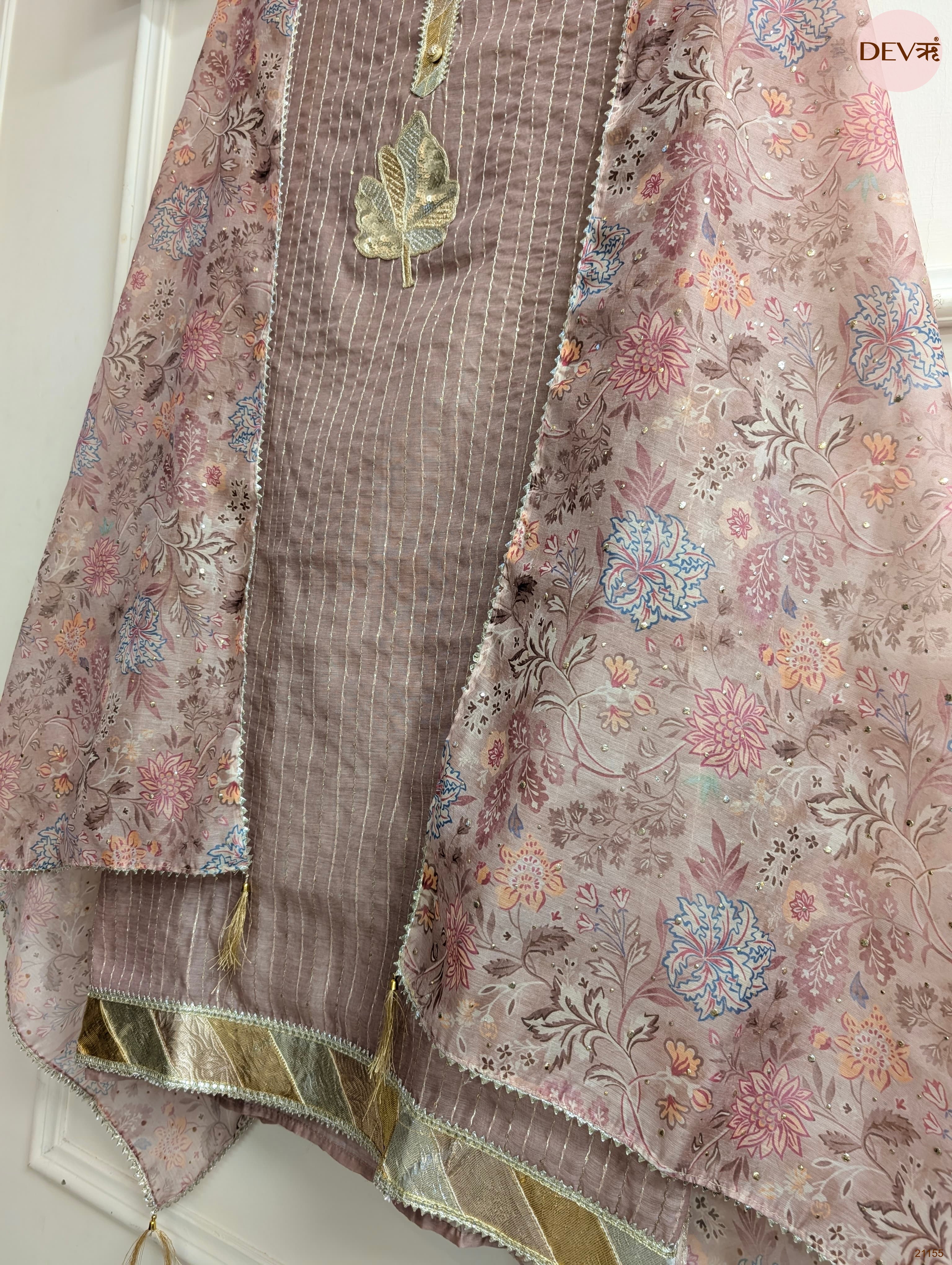 Taupe Pure Chanderi Printed Unstitched 3-Piece Suit (Devri – D.No 21155)
