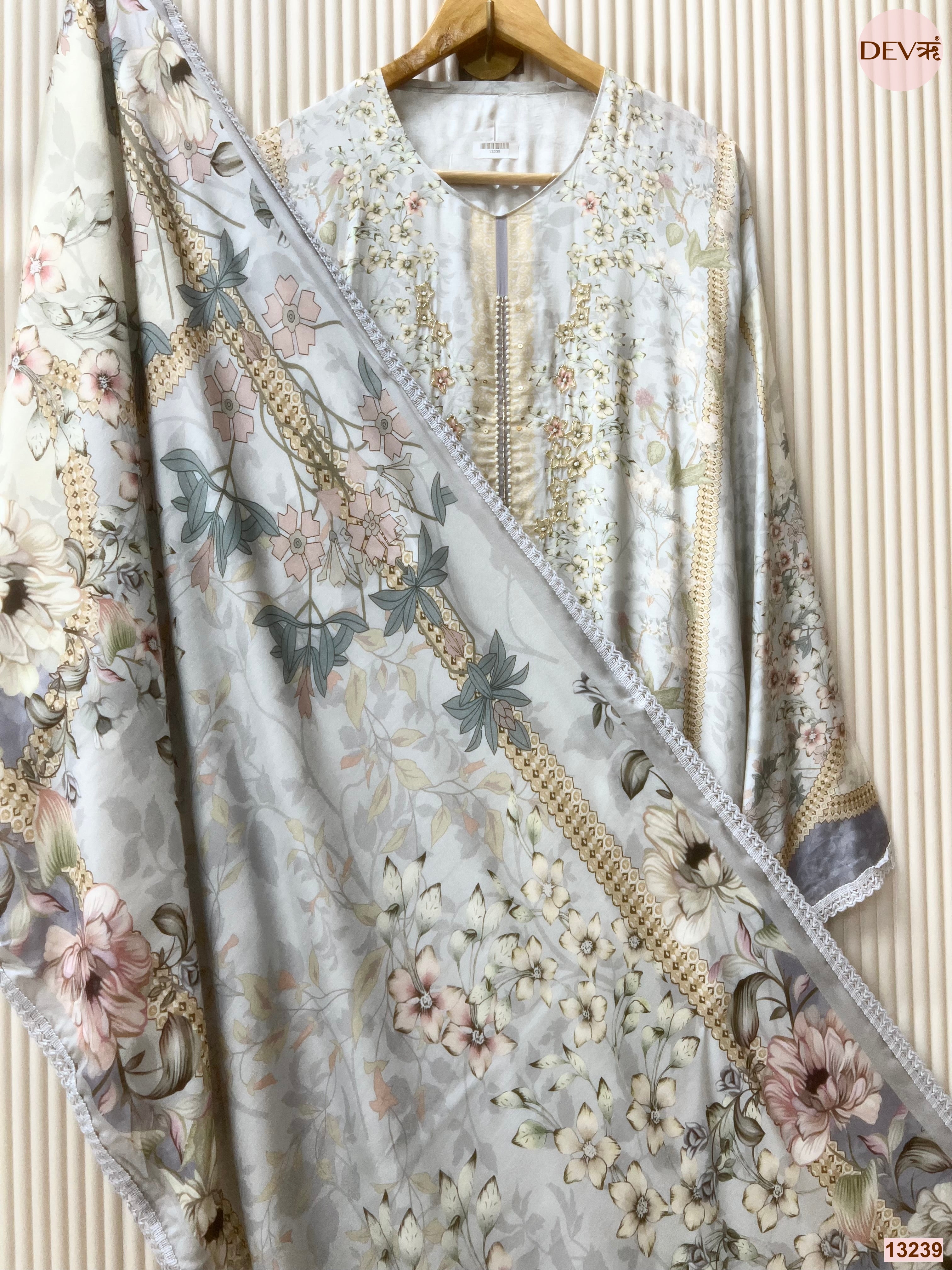 Blue Muslin Printed Unstitched 3-Piece Suit (Devri – D.No 13239)