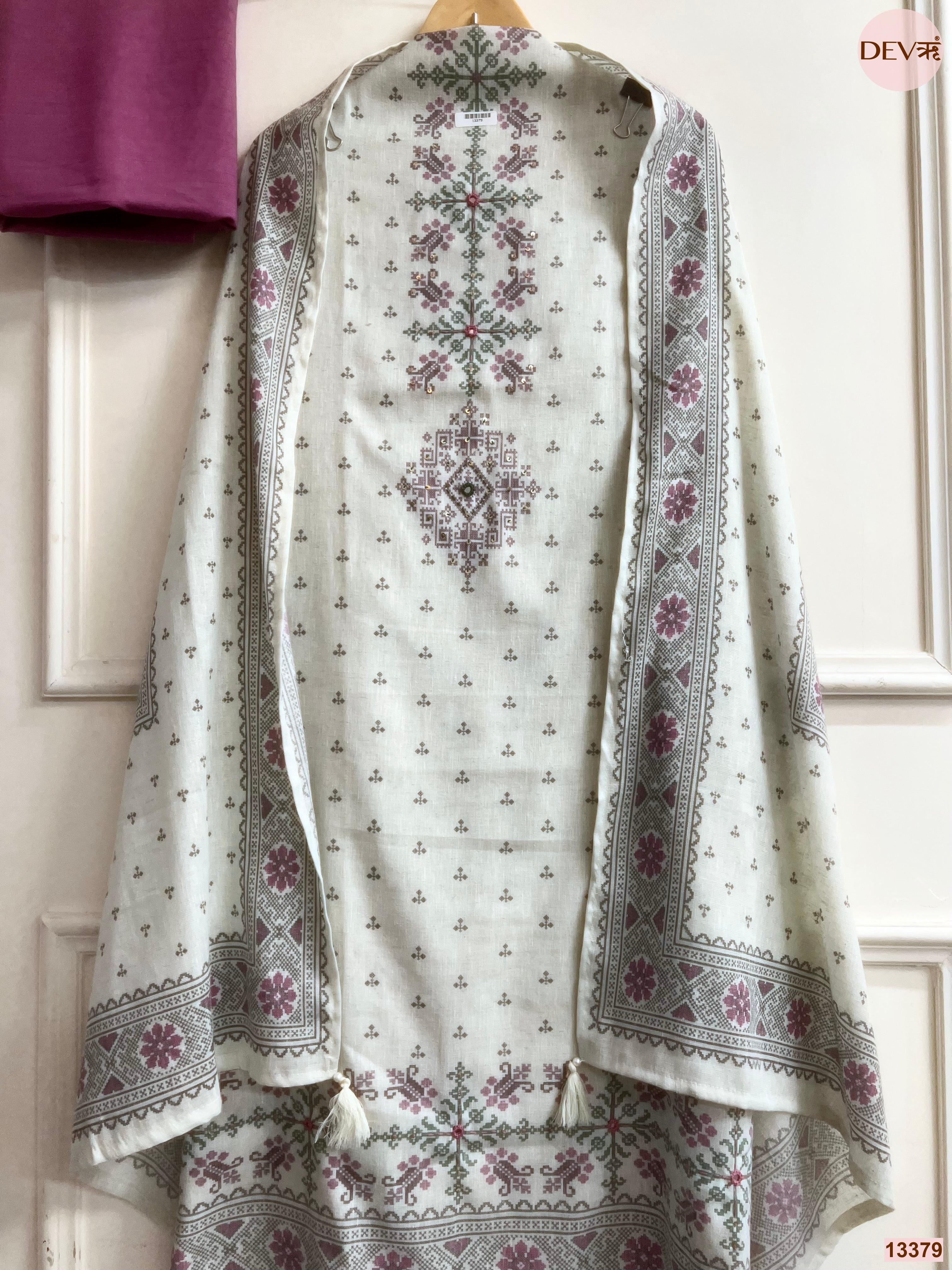 Off White Khadi Cotton Printed Unstitched 3-Piece Suit (Devri – D.No 13379)