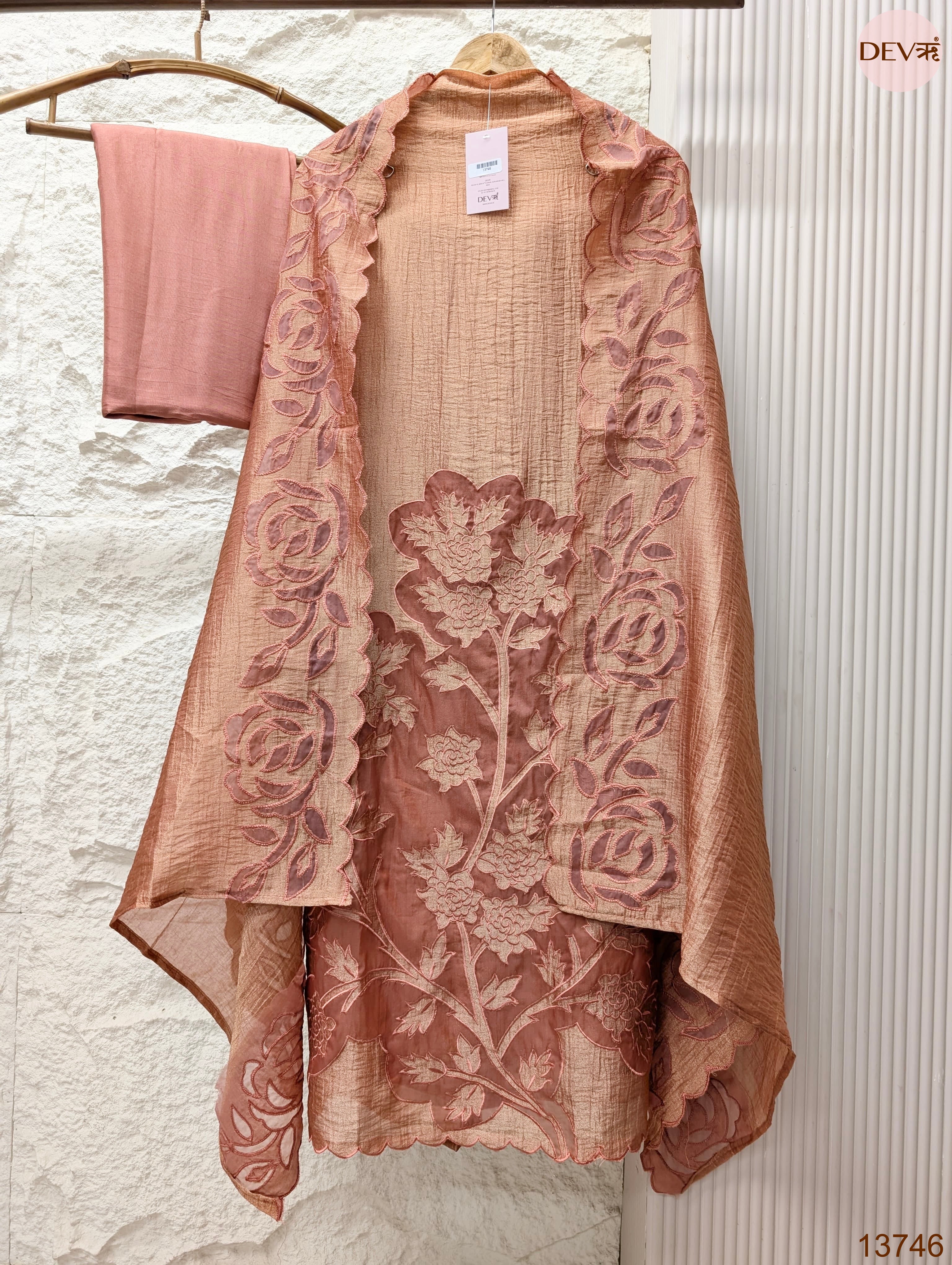 Peach Tissue Crush Silk Embroidered Unstitched 3-Piece Suit (Devri – D.No 13746)