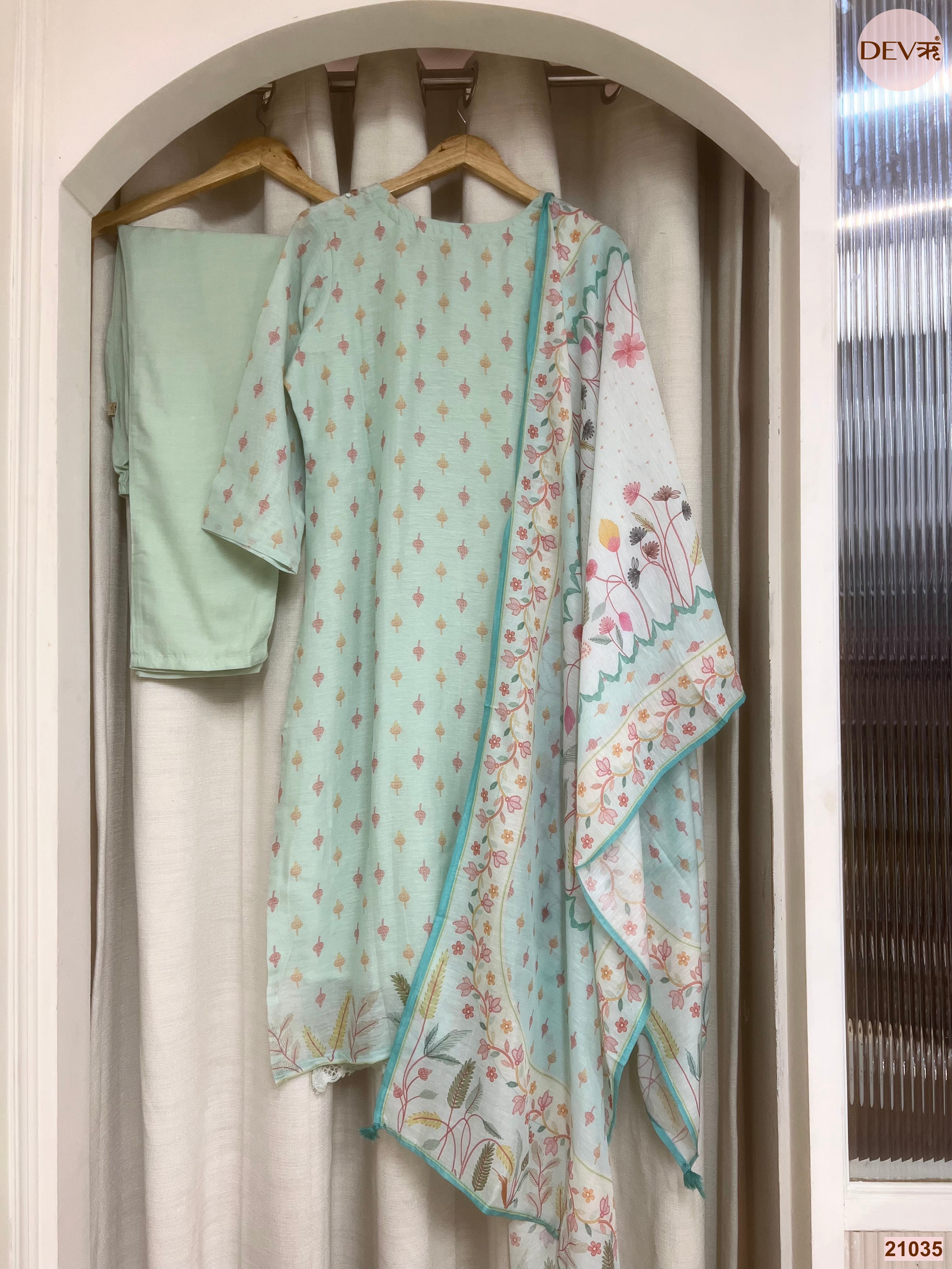 Gulnaar Cotton Printed Mint Green 3-Piece Set (Devri – D.No 21035)