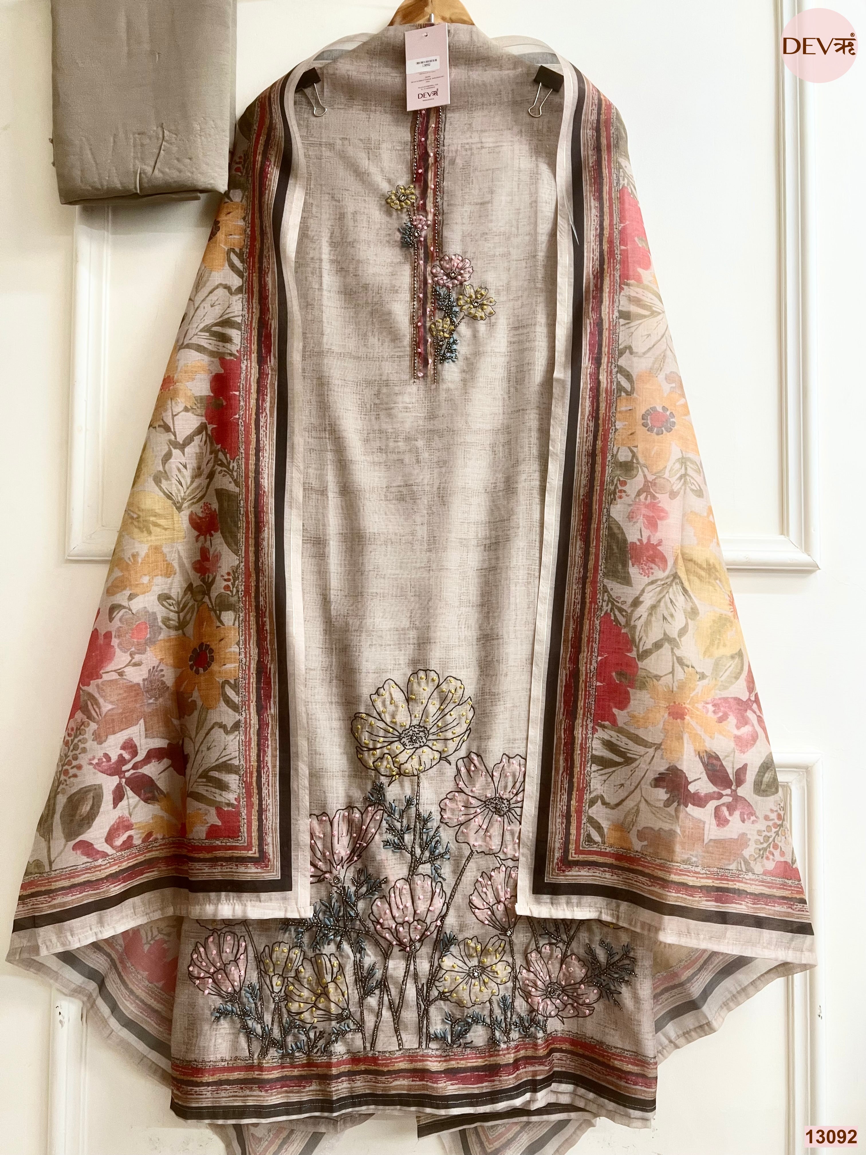 Beige Mul Chanderi Printed Unstitched 3-Piece Suit (Devri – D.No 13092)