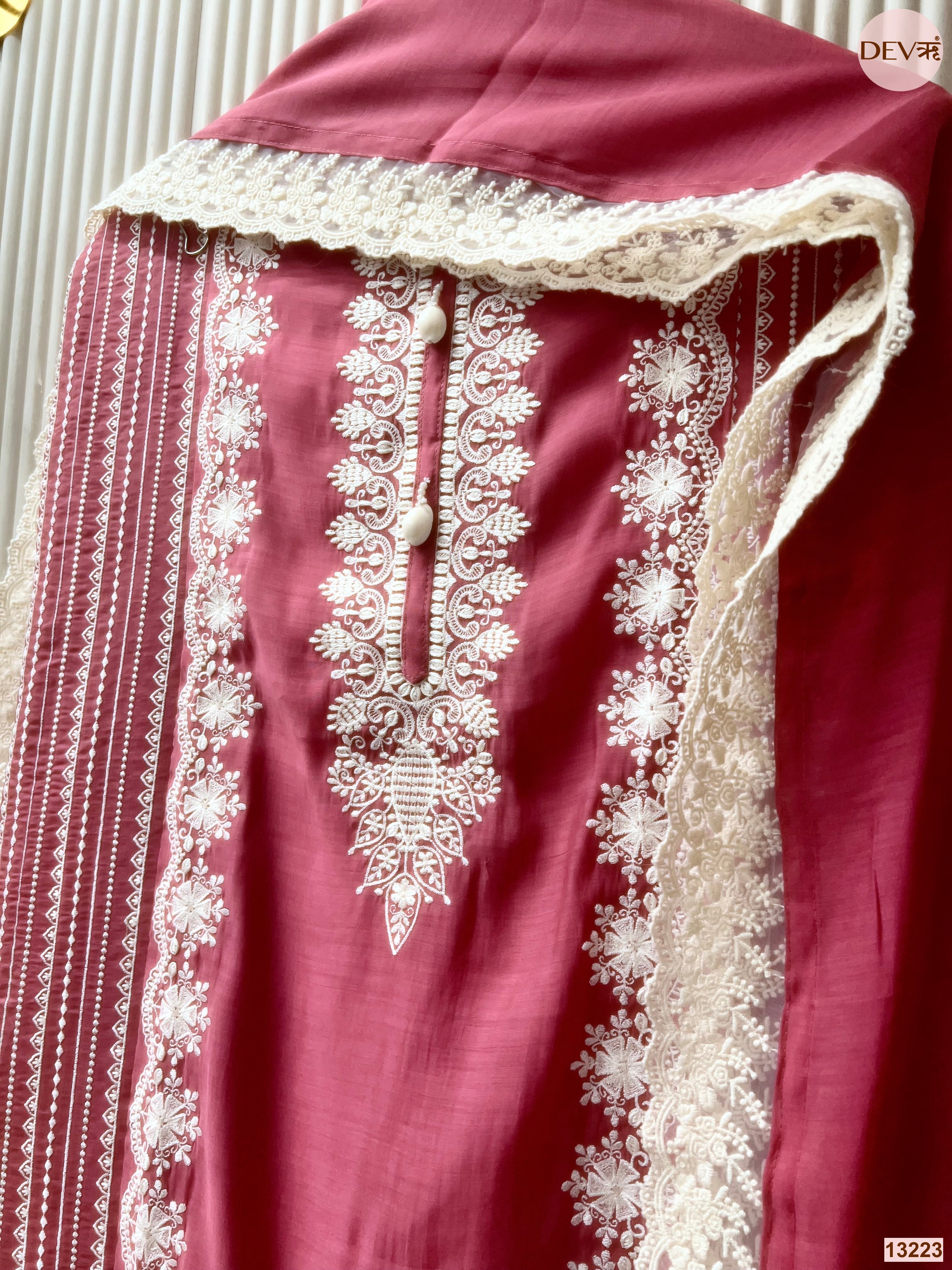 Pink Mul Cotton Embroidered Unstitched 3-Piece Suit (Devri – D.No 13223)