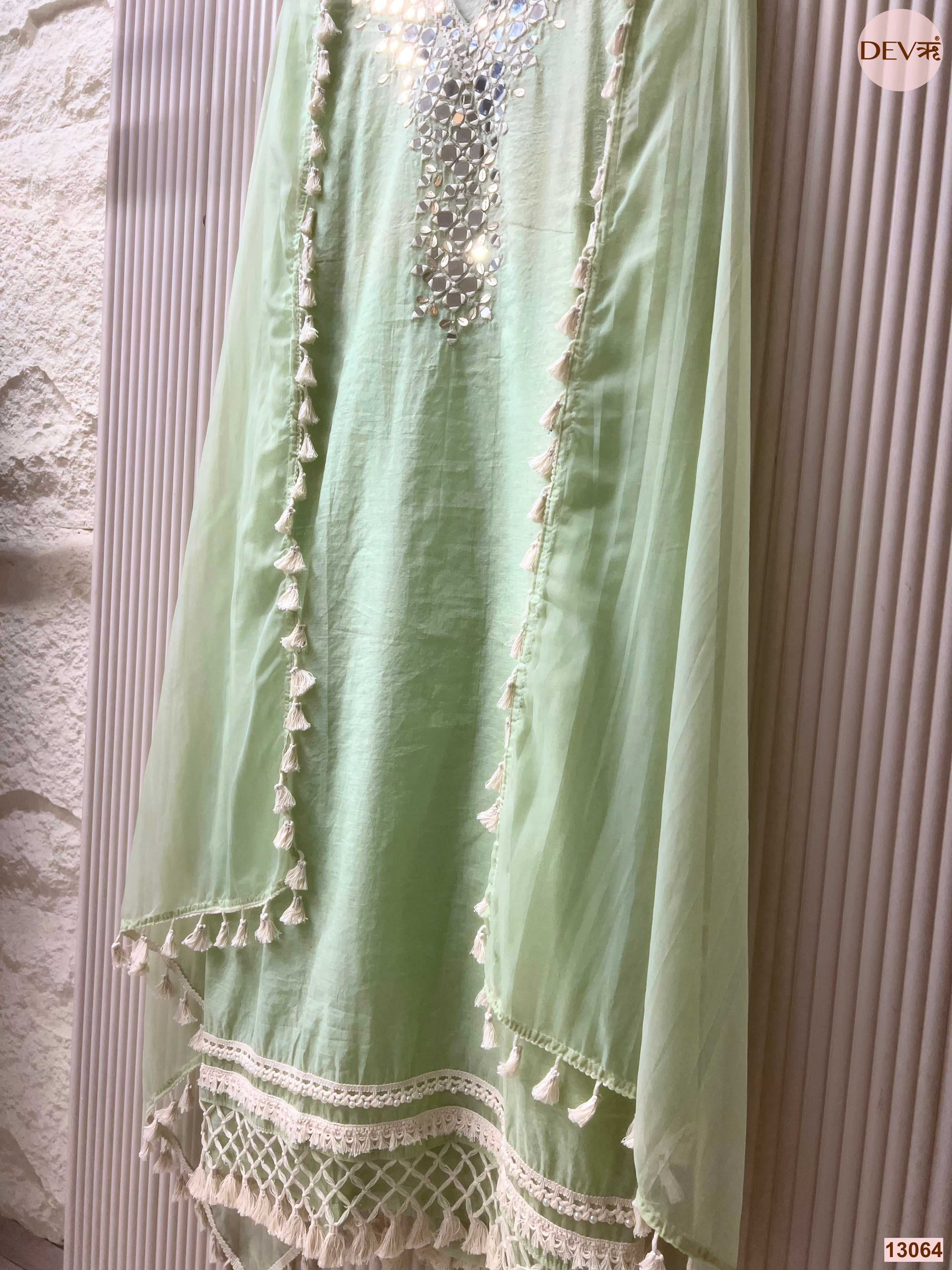 Mint Mul Cotton Hand Unstitched 3-Piece Suit (Devri – D.No 13064)