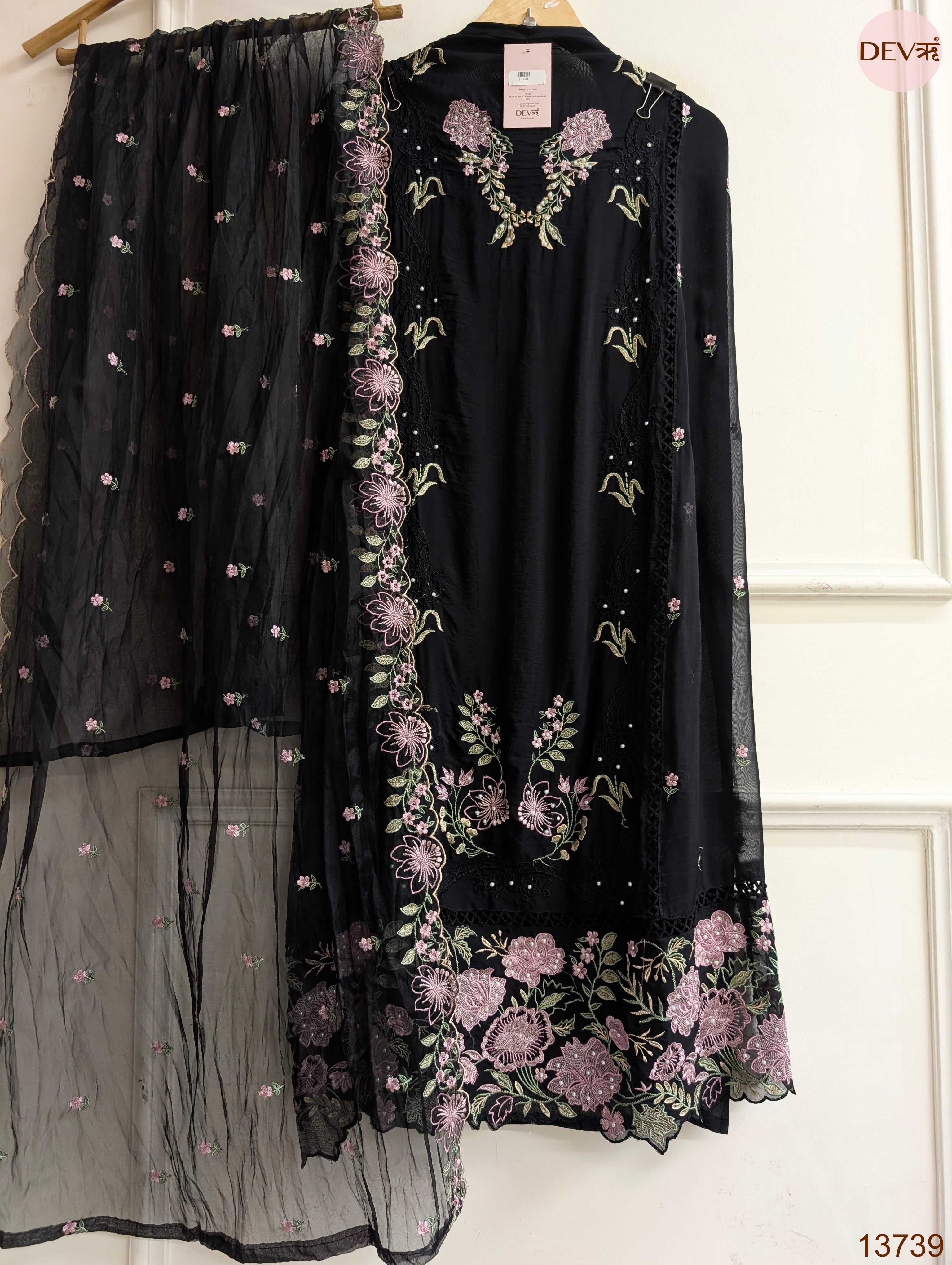 Black Organza Embroidered Unstitched 3-Piece Suit (Devri – D.No 13739)