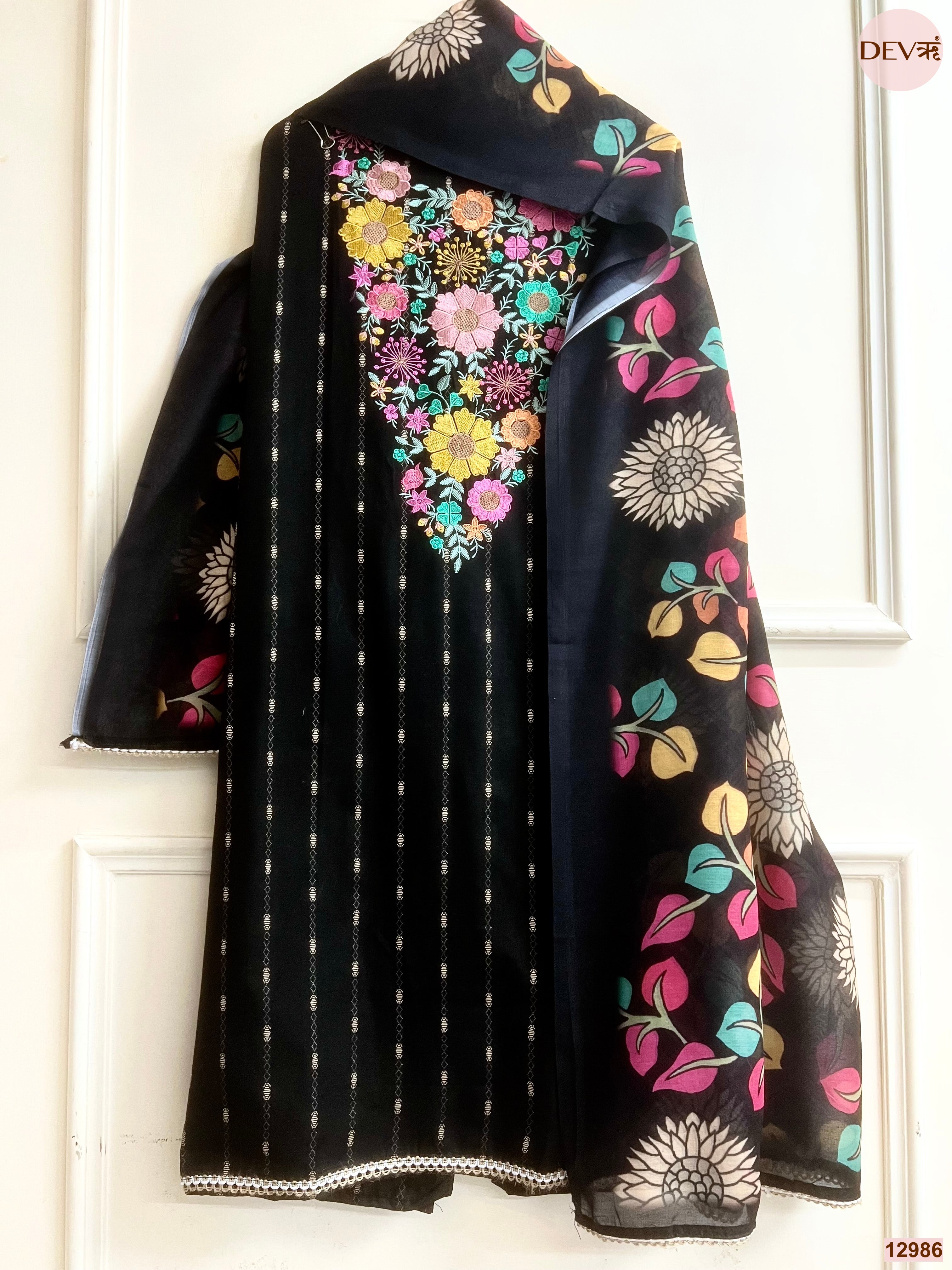 Black Cotton Handloom Printed Unstitched 3-Piece Suit (Devri – D.No 12986)