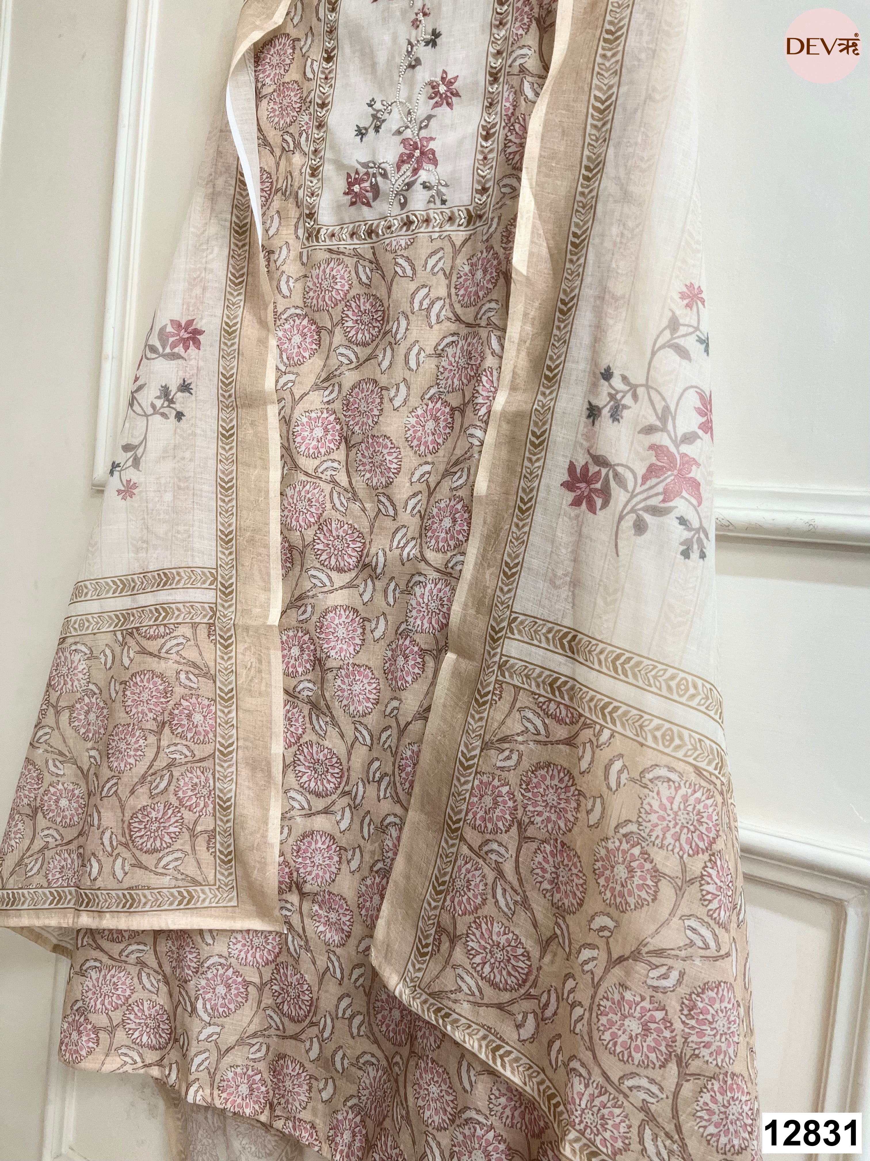 Beige Linen Cotton Printed Unstitched 3-Piece Suit (Devri – D.No 12831)