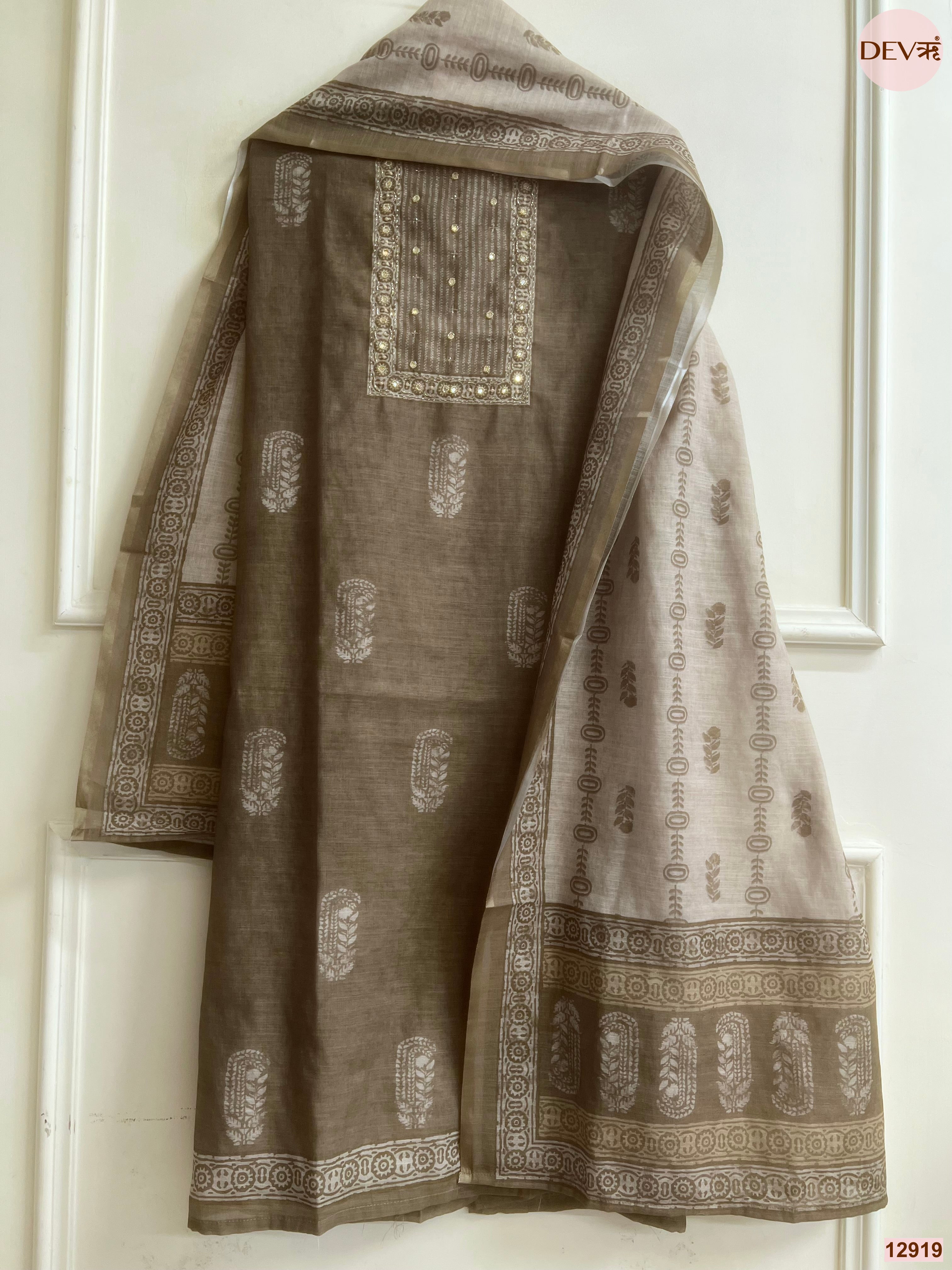 Brown Linen Cotton Printed Unstitched 3-Piece Suit (Devri – D.No 12919)