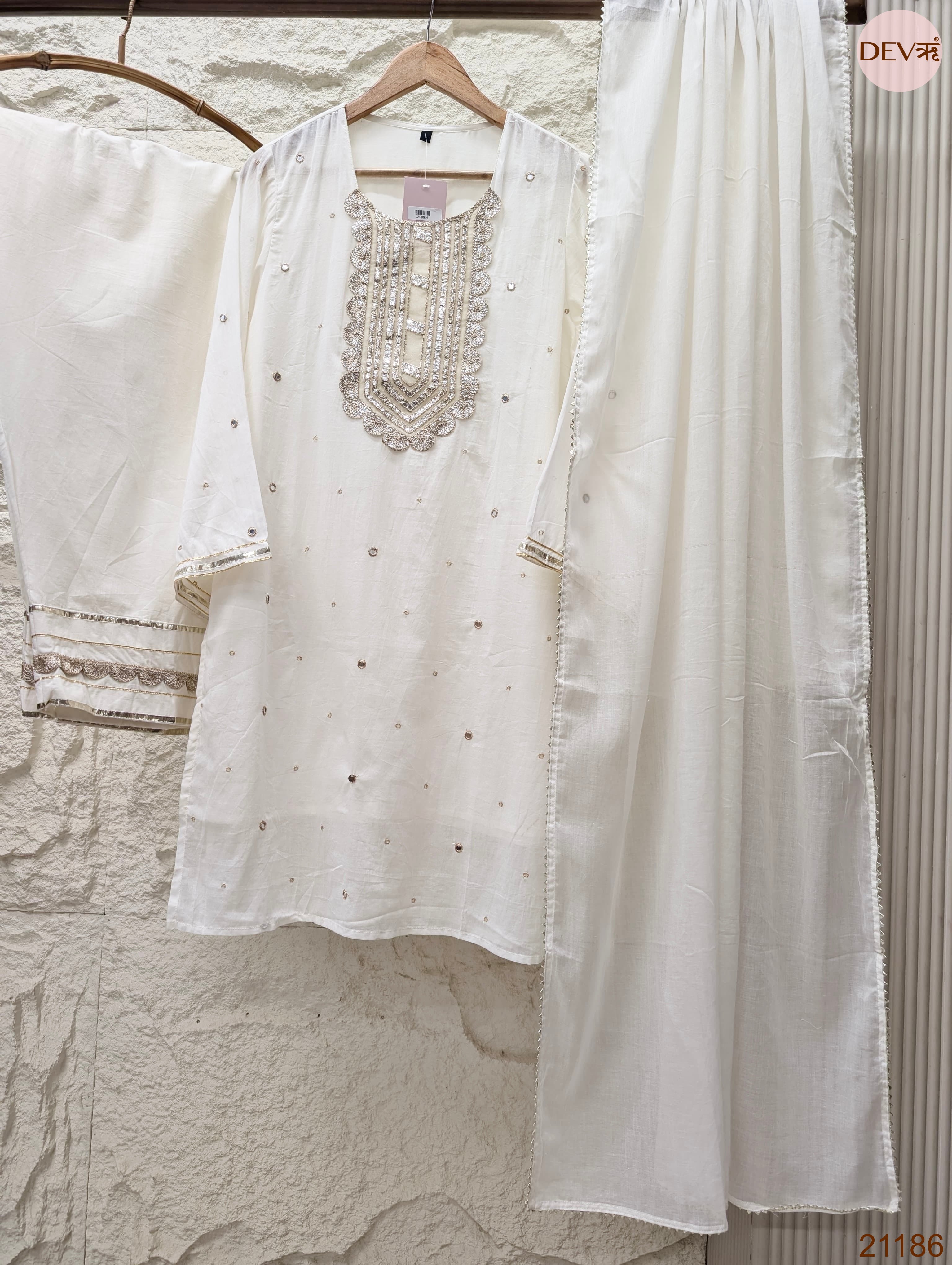 Noor Pure mul cotton Embroidered Off White 3-Piece Set (Devri – D.No 21186)