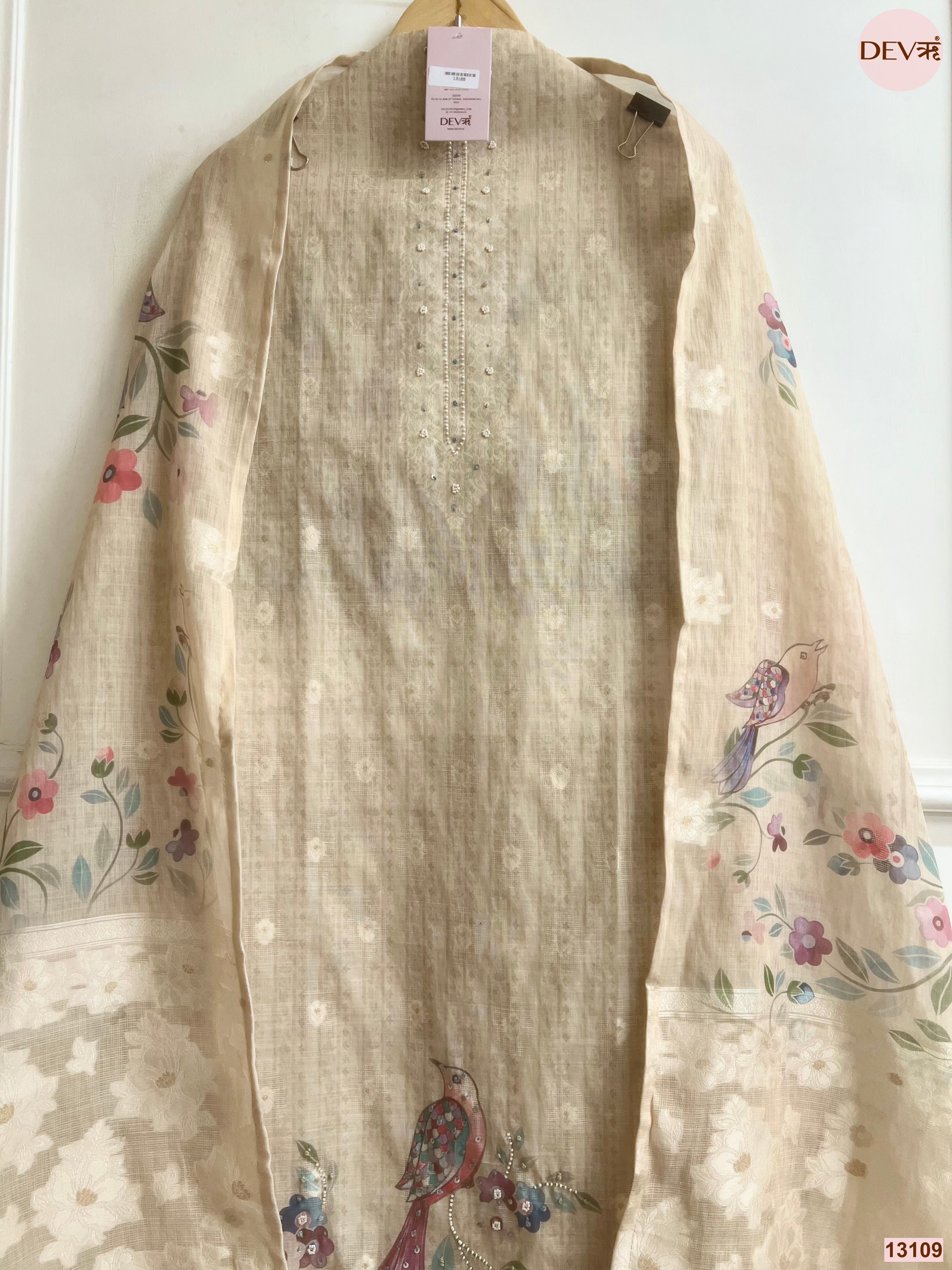 Beige Linen Cotton Printed Unstitched 3-Piece Suit (Devri – D.No 13109)
