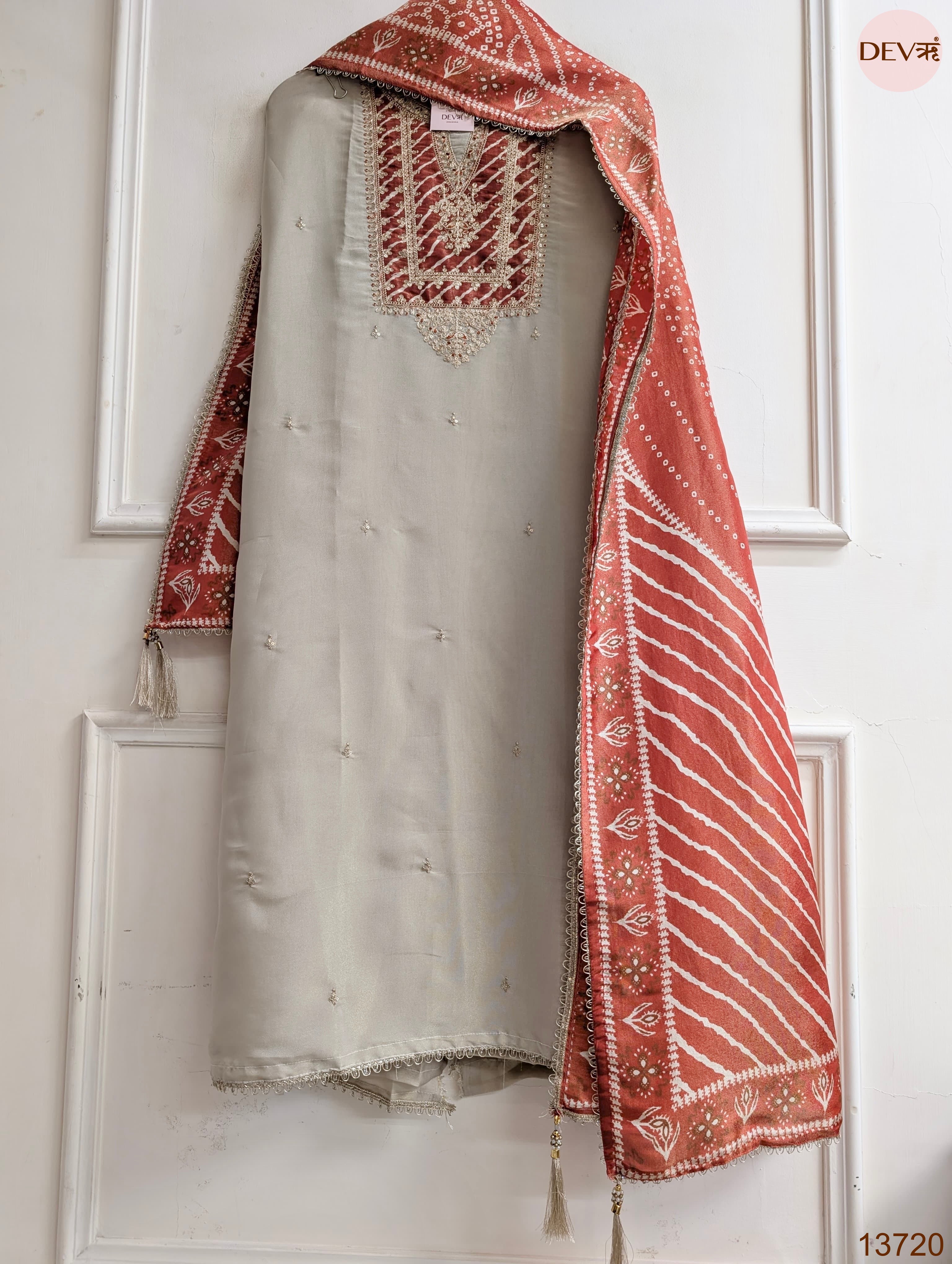 Beige Tissue Silk Embroidered Unstitched 3-Piece Suit (Devri – D.No 13720)