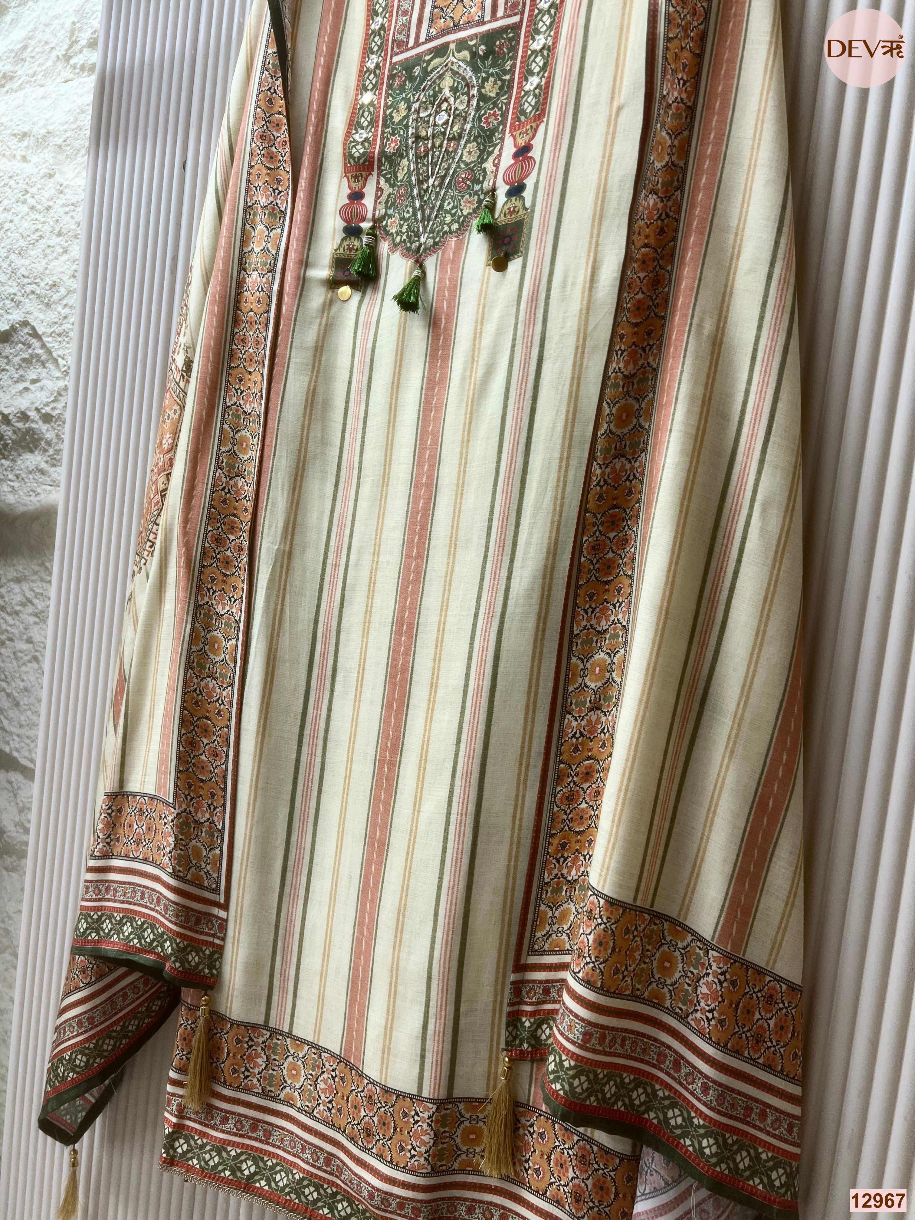 Cream Muslin Printed Unstitched 3-Piece Suit (Devri – D.No 12967)