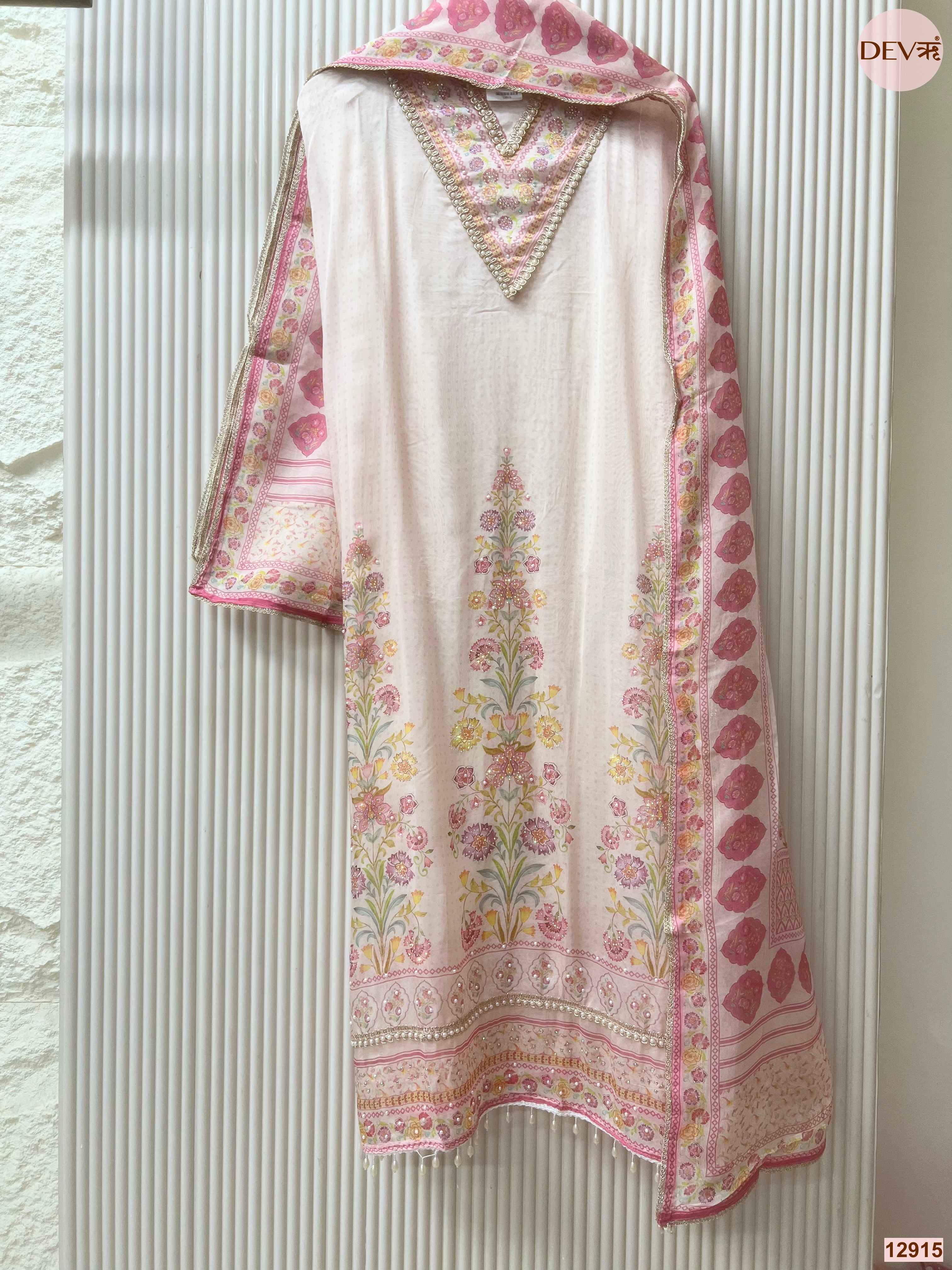Pink Organza Printed Unstitched 3-Piece Suit (Devri – D.No 12915)