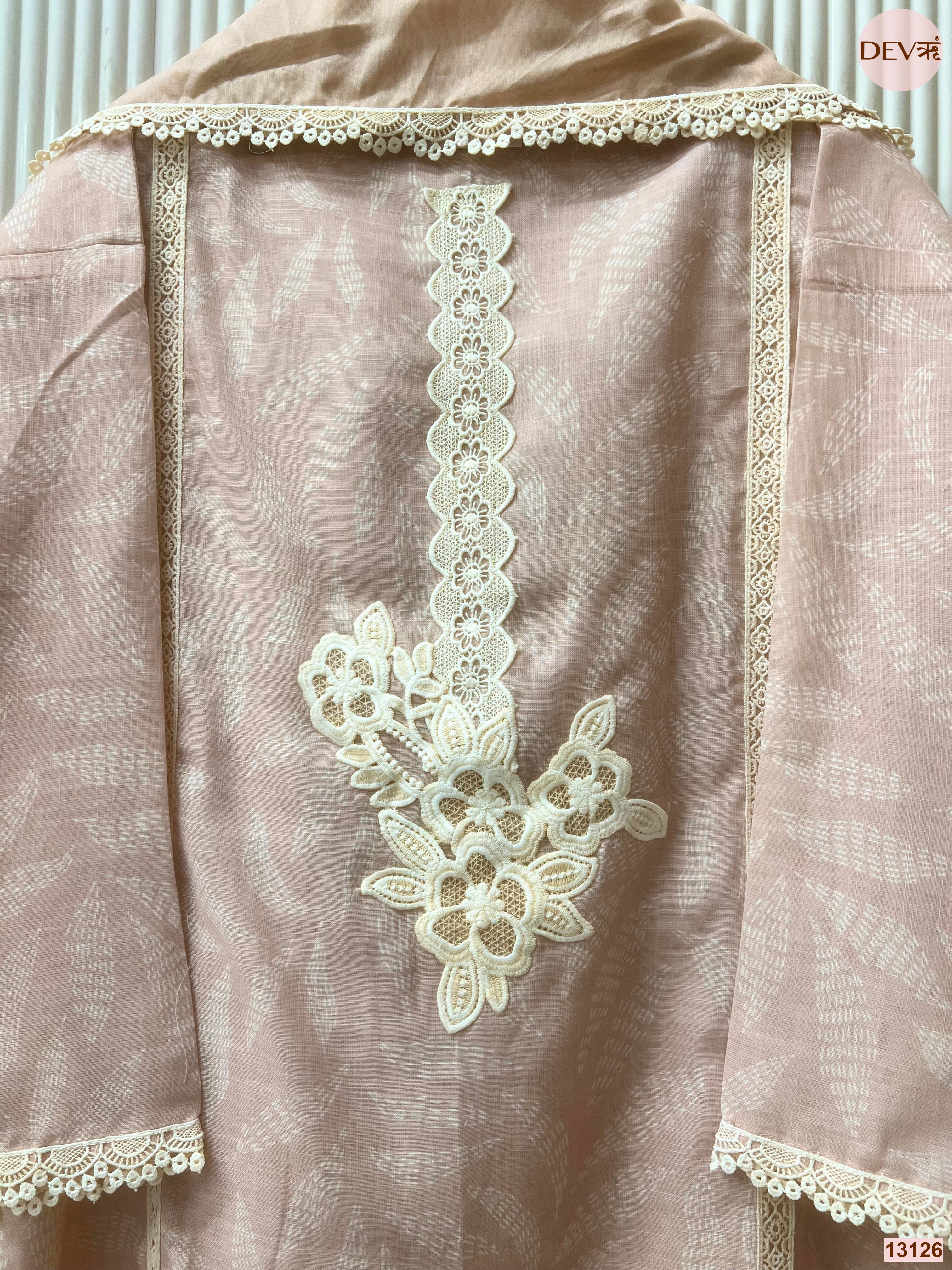 Peach Linen Cotton Embroidered Unstitched 3-Piece Suit (Devri – D.No 13126)