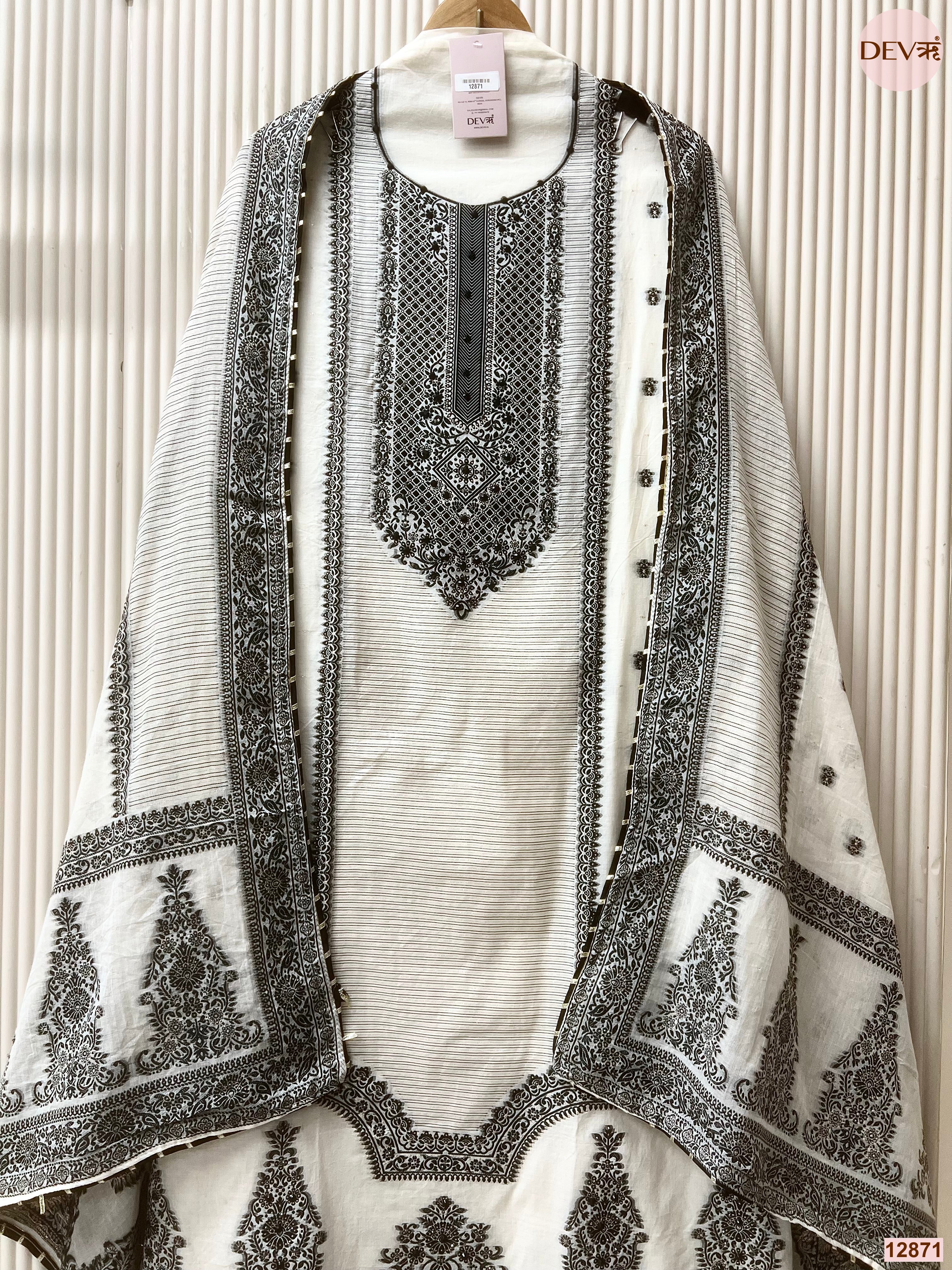 White Jamdani Cotton Printed Unstitched 3-Piece Suit (Devri – D.No 12871)