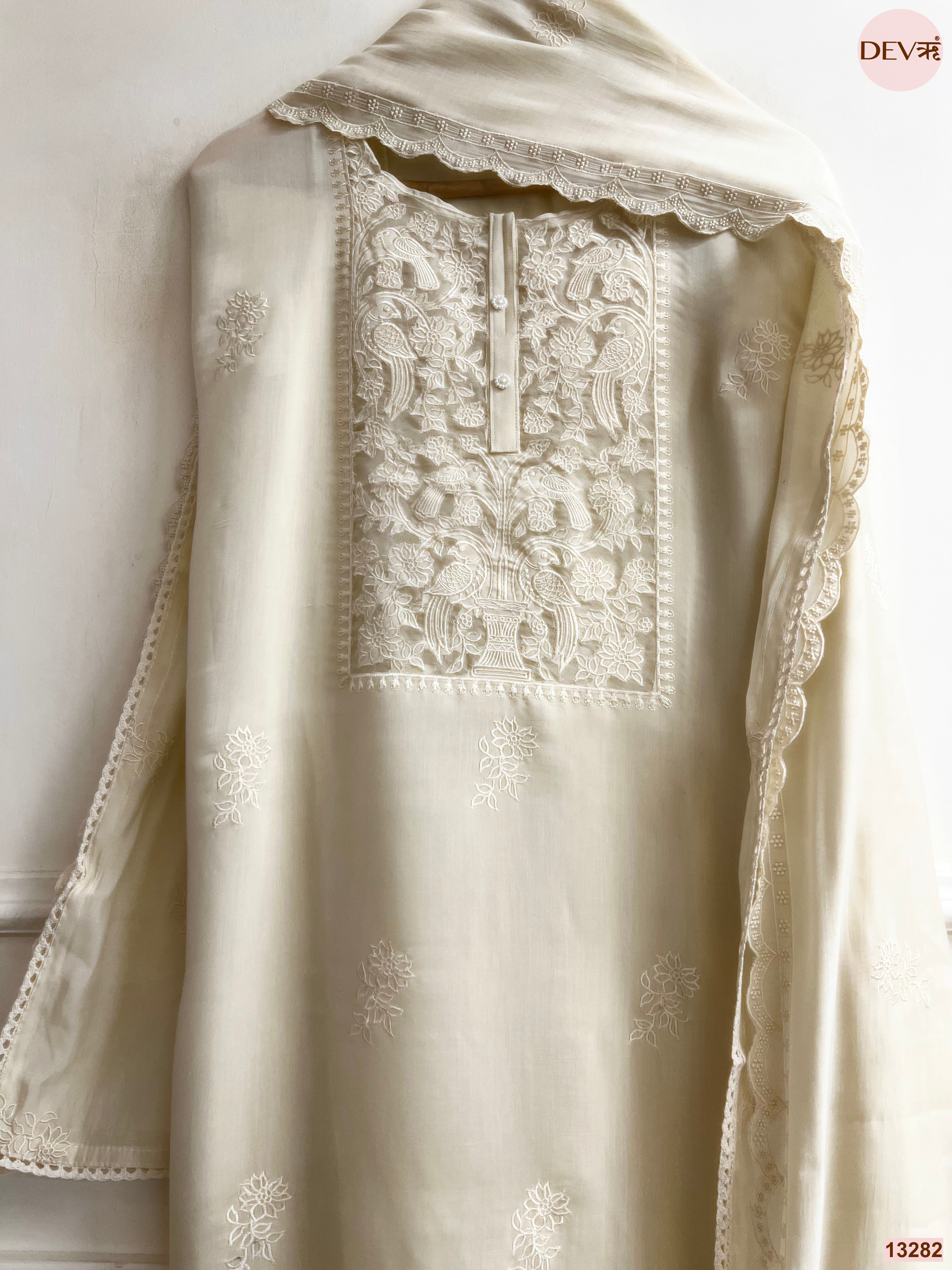 Cream Mul Cotton Embroidered Unstitched 3-Piece Suit (Devri – D.No 13282)