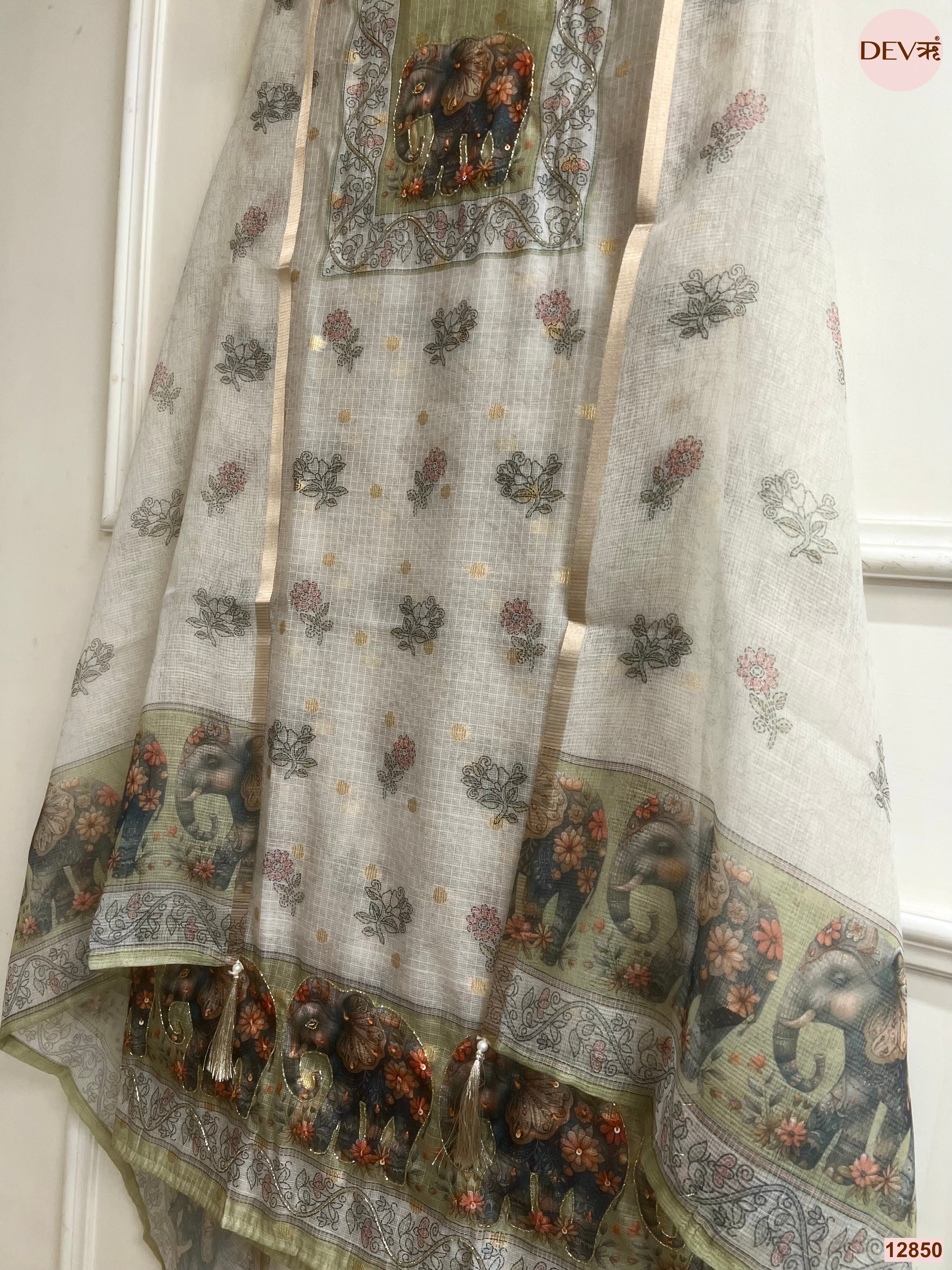 Olive Linen Cotton Printed Unstitched 3-Piece Suit (Devri – D.No 12850)