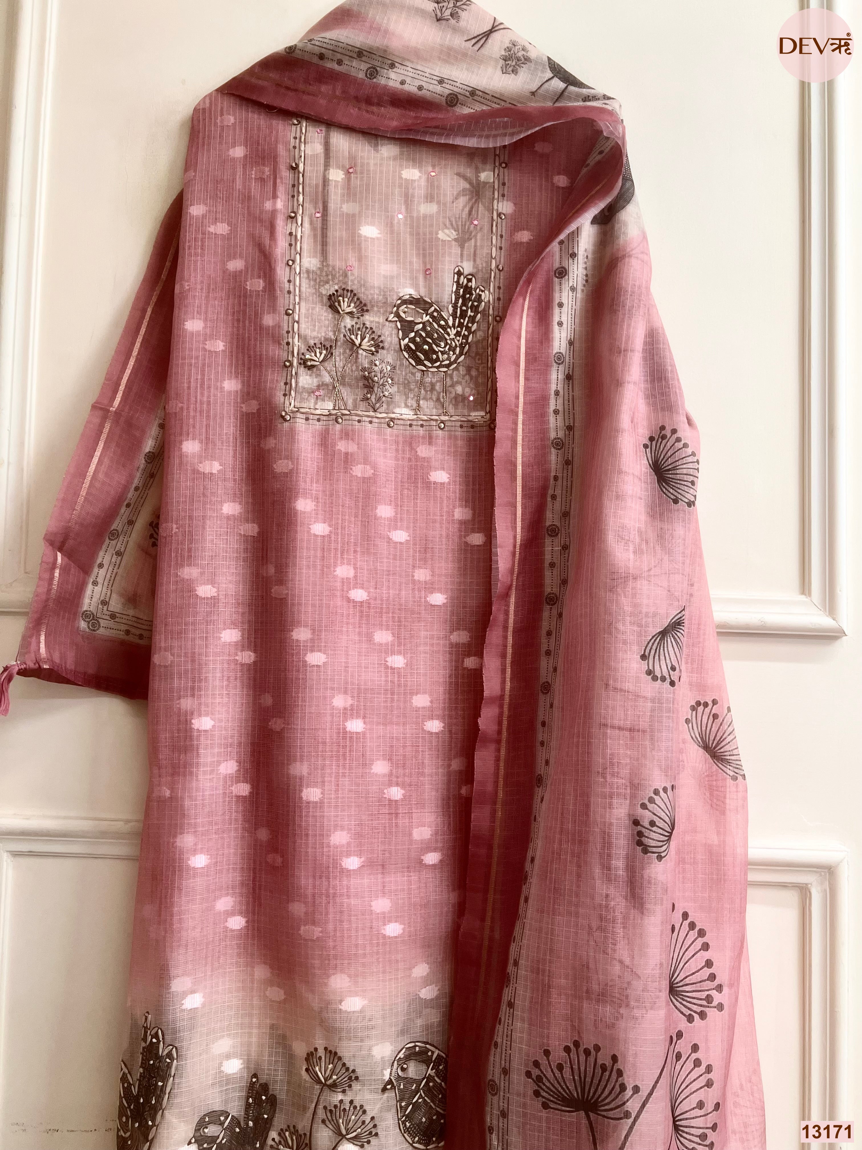 Pink Kota Printed Unstitched 3-Piece Suit (Devri – D.No 13171)