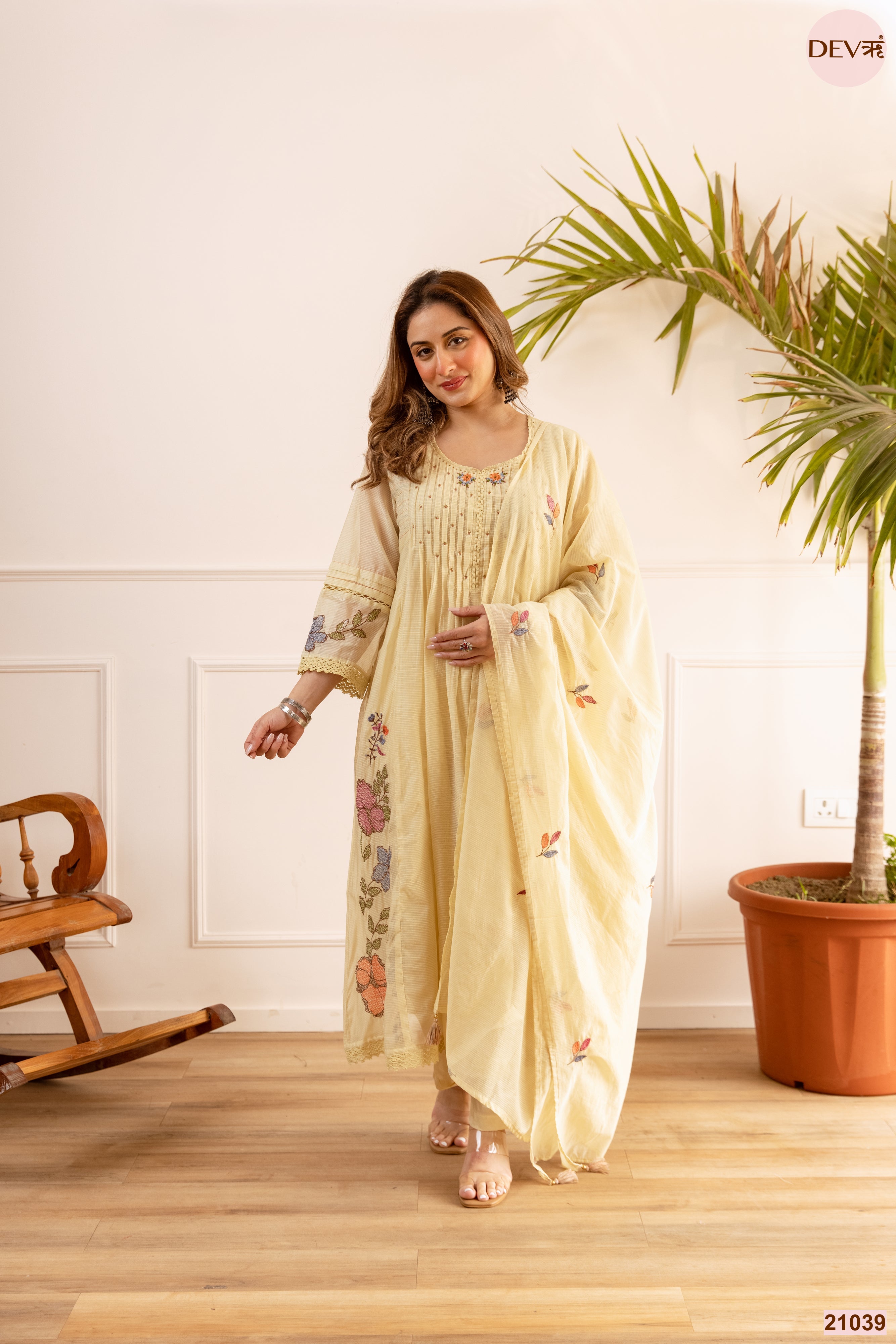Gulnaar Net Chanderi Embroidered Yellow 3-Piece Set (Devri – D.No 21039)