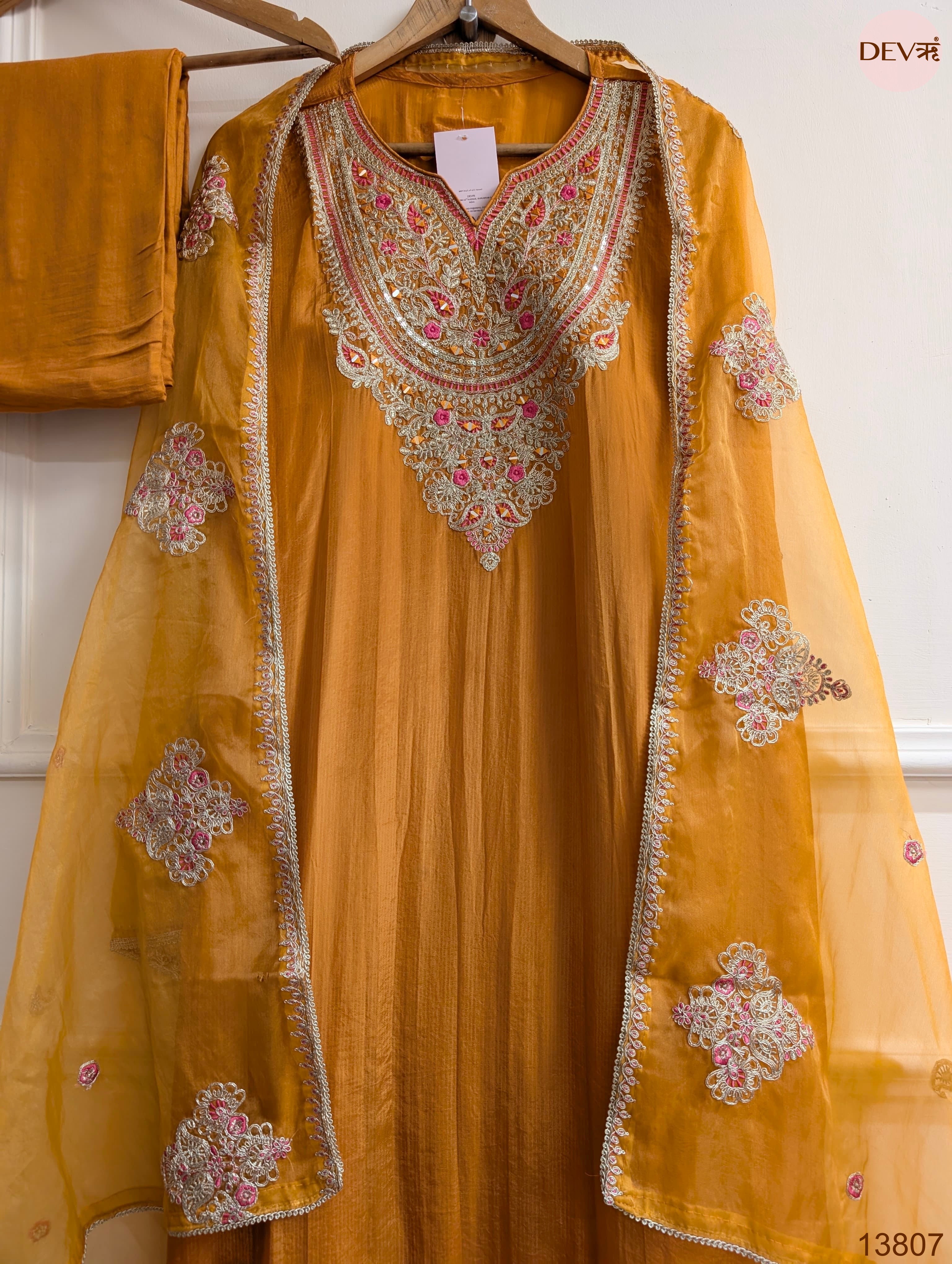 Mustard Tissue Organza Silk Embroidered Unstitched 3-Piece Suit (Devri – D.No 13807)