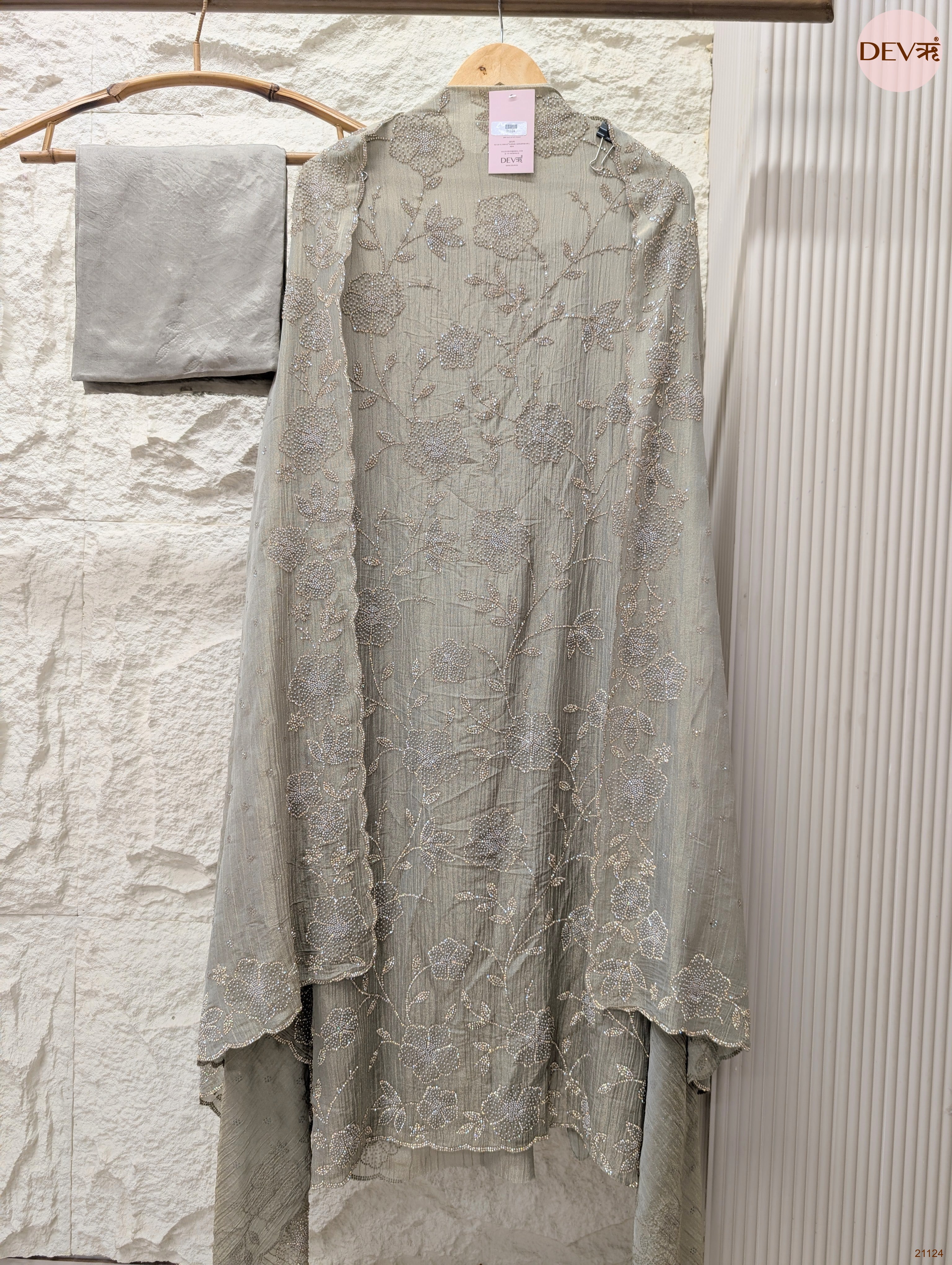 Grey Pure Tissue Crush Silk Embroidered Unstitched 3-Piece Suit (Devri – D.No 21124)