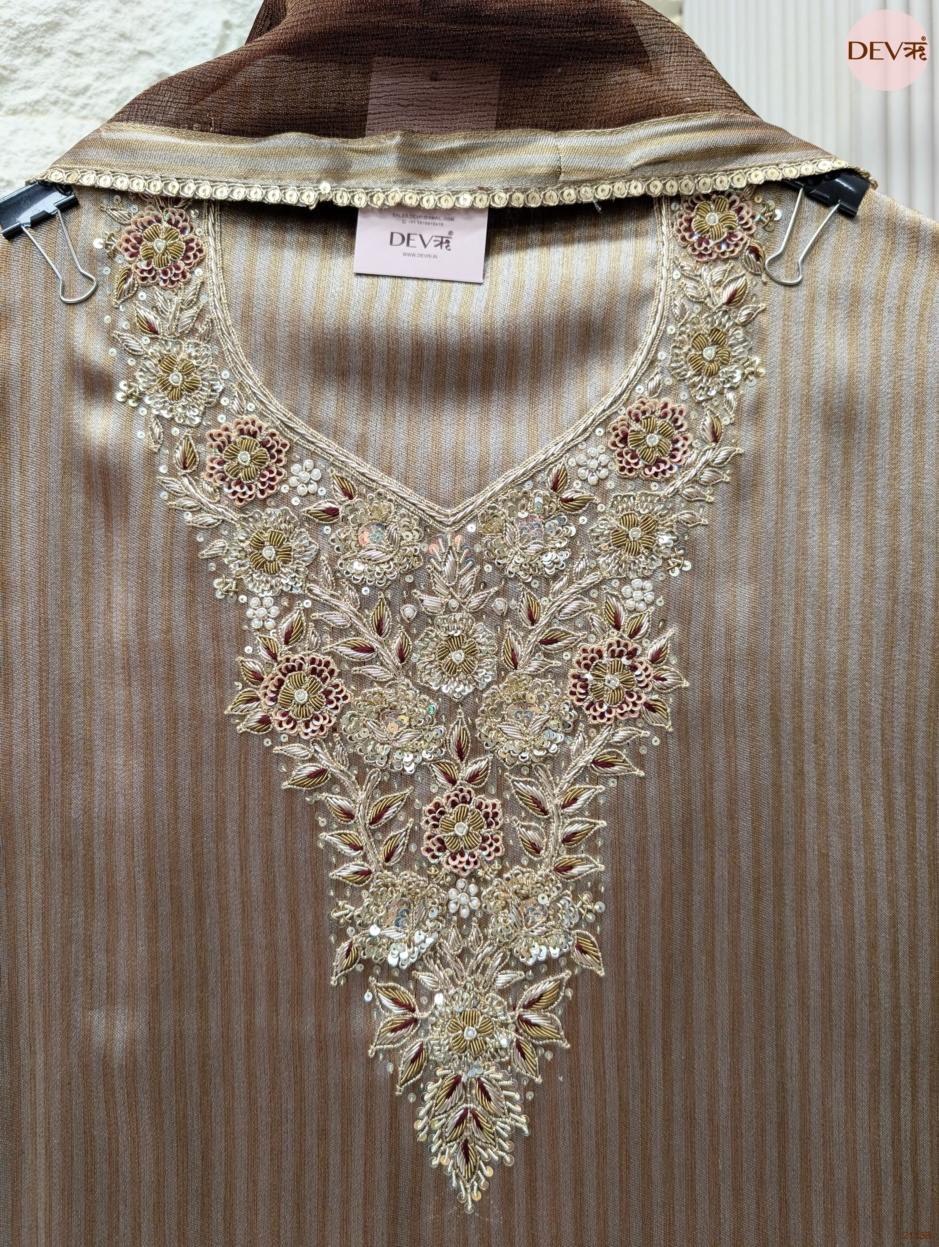 Brown Pure Tissue Silk Embroidered Unstitched 3-Piece Suit (Devri – D.No 21138)