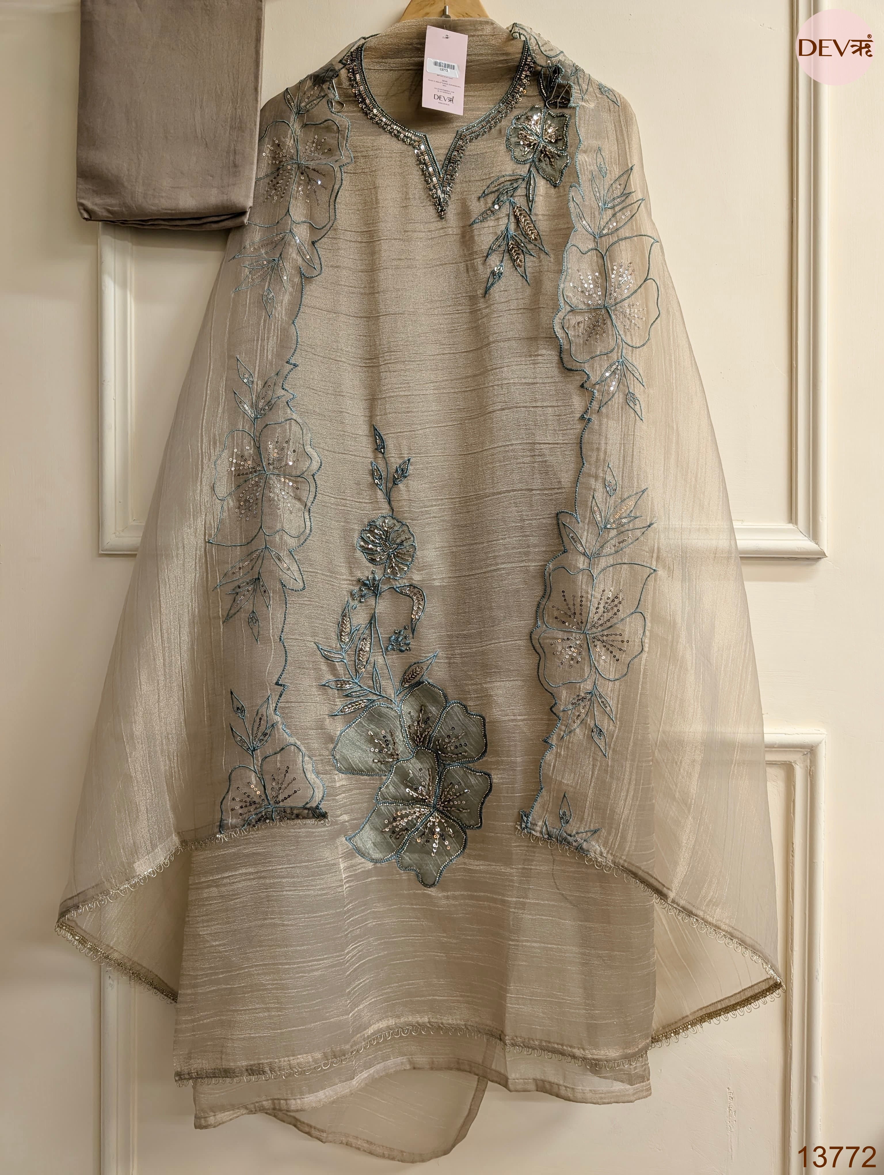 Taupe Crush Tissue Silk Embroidered Unstitched 3-Piece Suit (Devri – D.No 13772)
