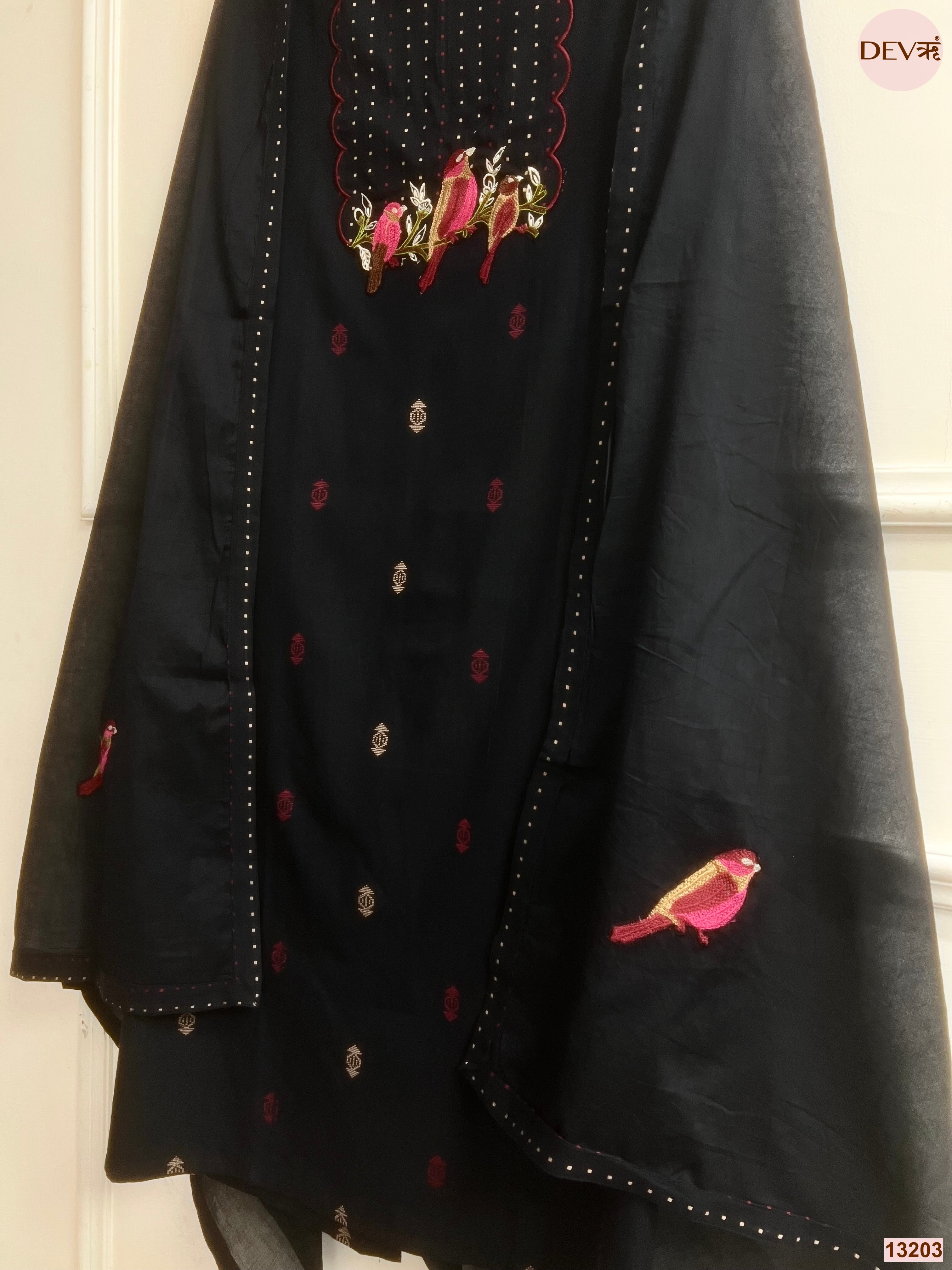 Black Handloom Cotton Embroidered Unstitched 3-Piece Suit (Devri – D.No 13203)