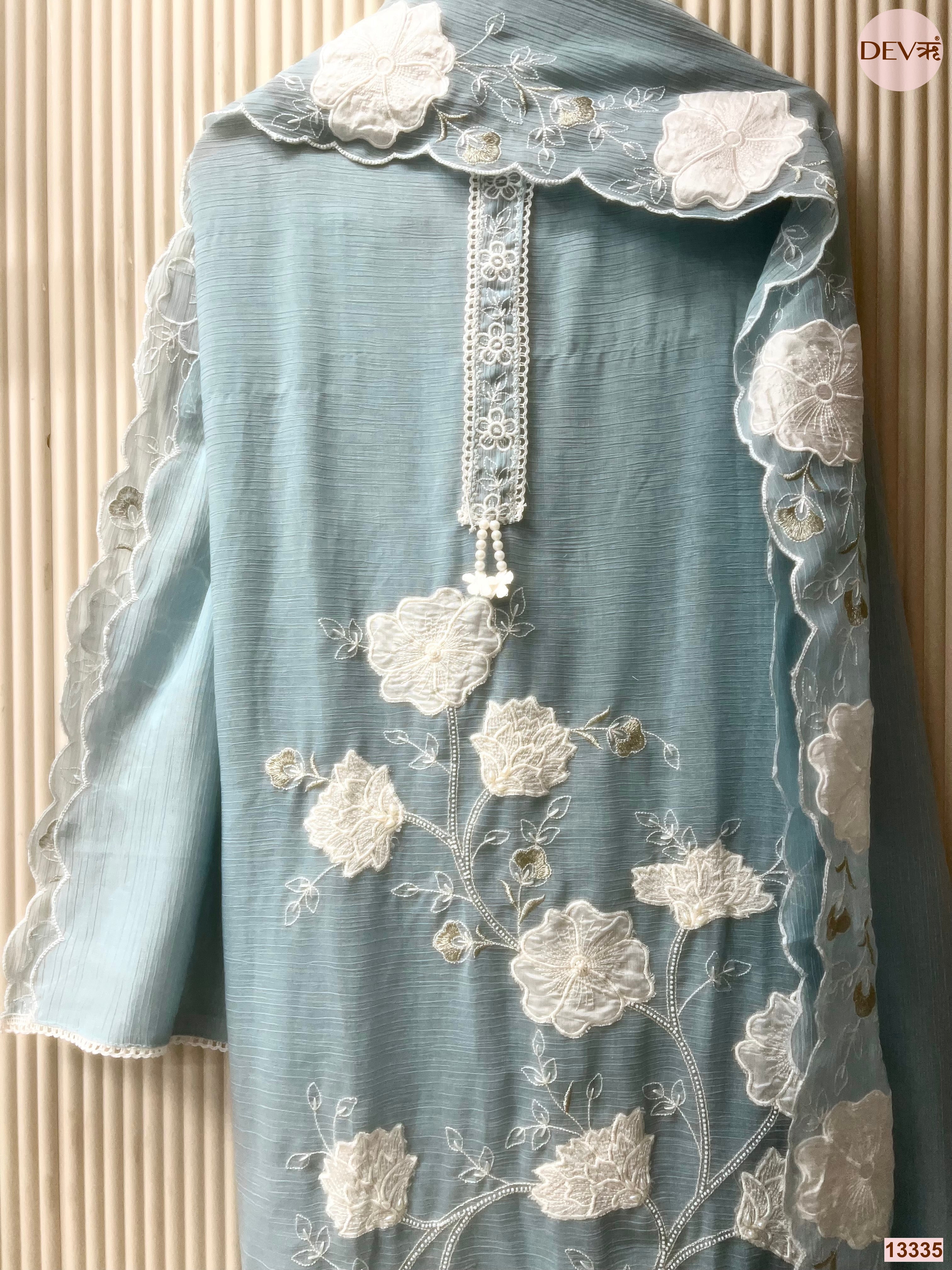 Blue Mul Chanderi Crush Embroidered Unstitched 3-Piece Suit (Devri – D.No 13335)