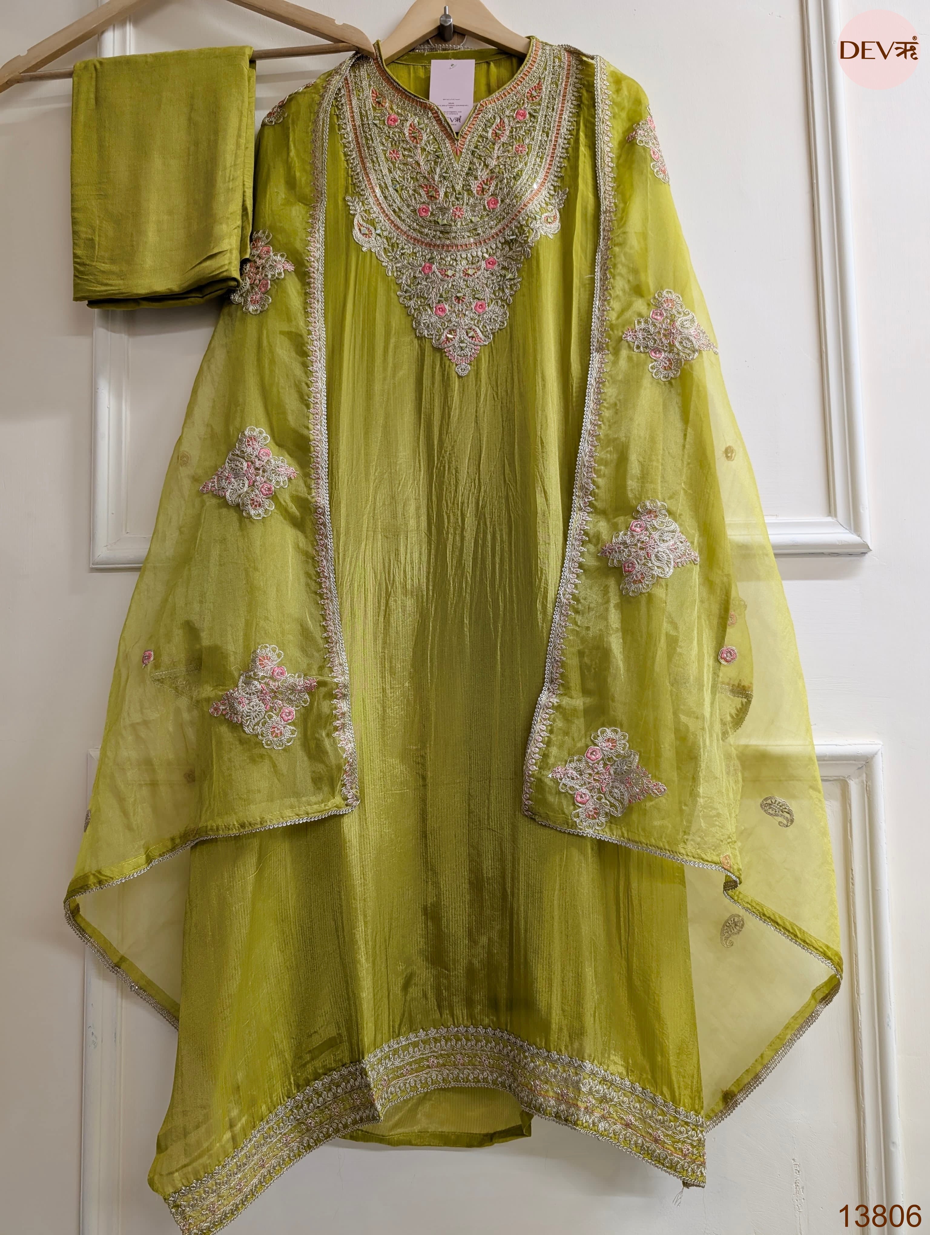Olive Tissue Organza Silk Embroidered Unstitched 3-Piece Suit (Devri – D.No 13806)