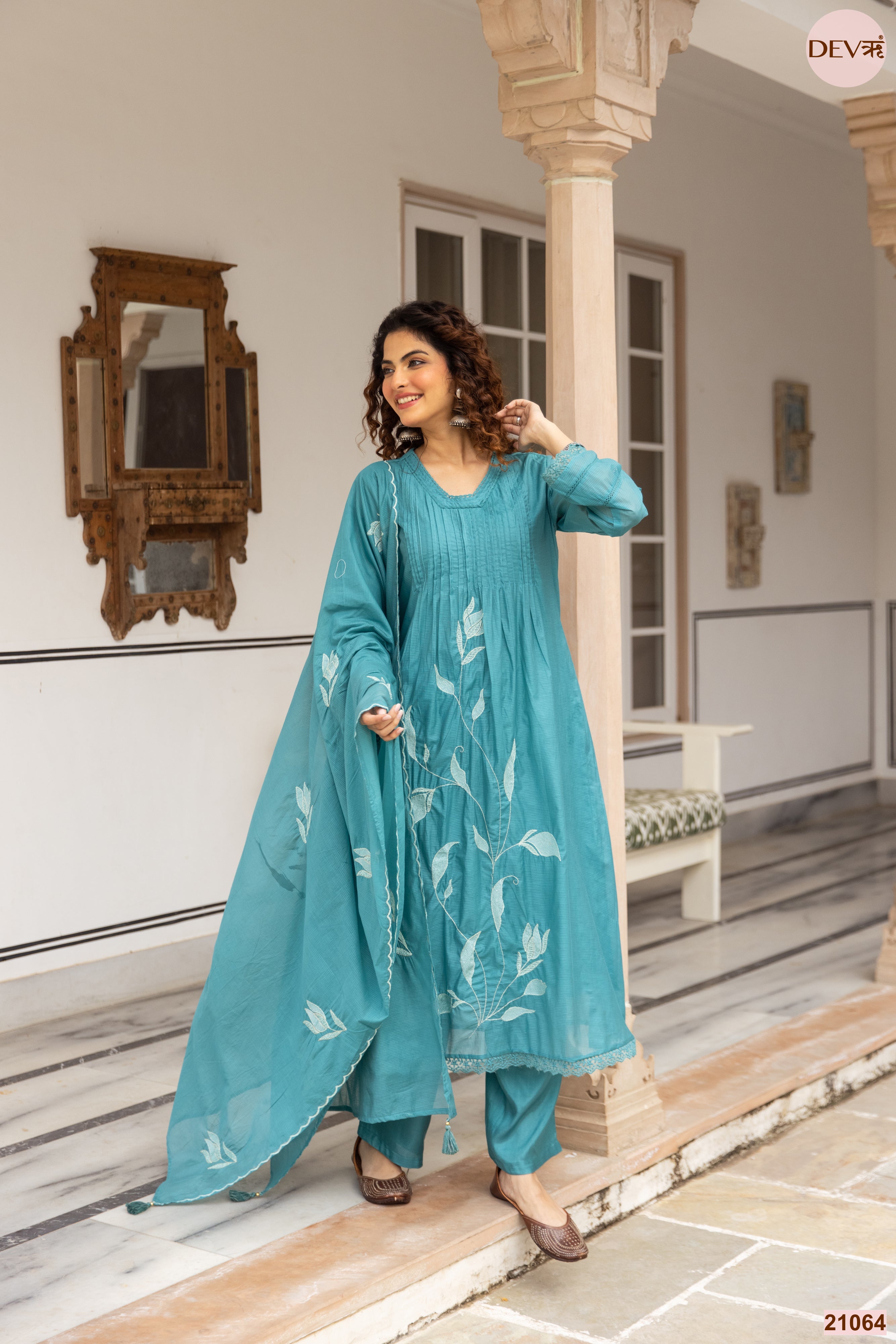 Neelambara Mul cotton Embroidered Teal 3-Piece Set (Devri – D.No 21064)