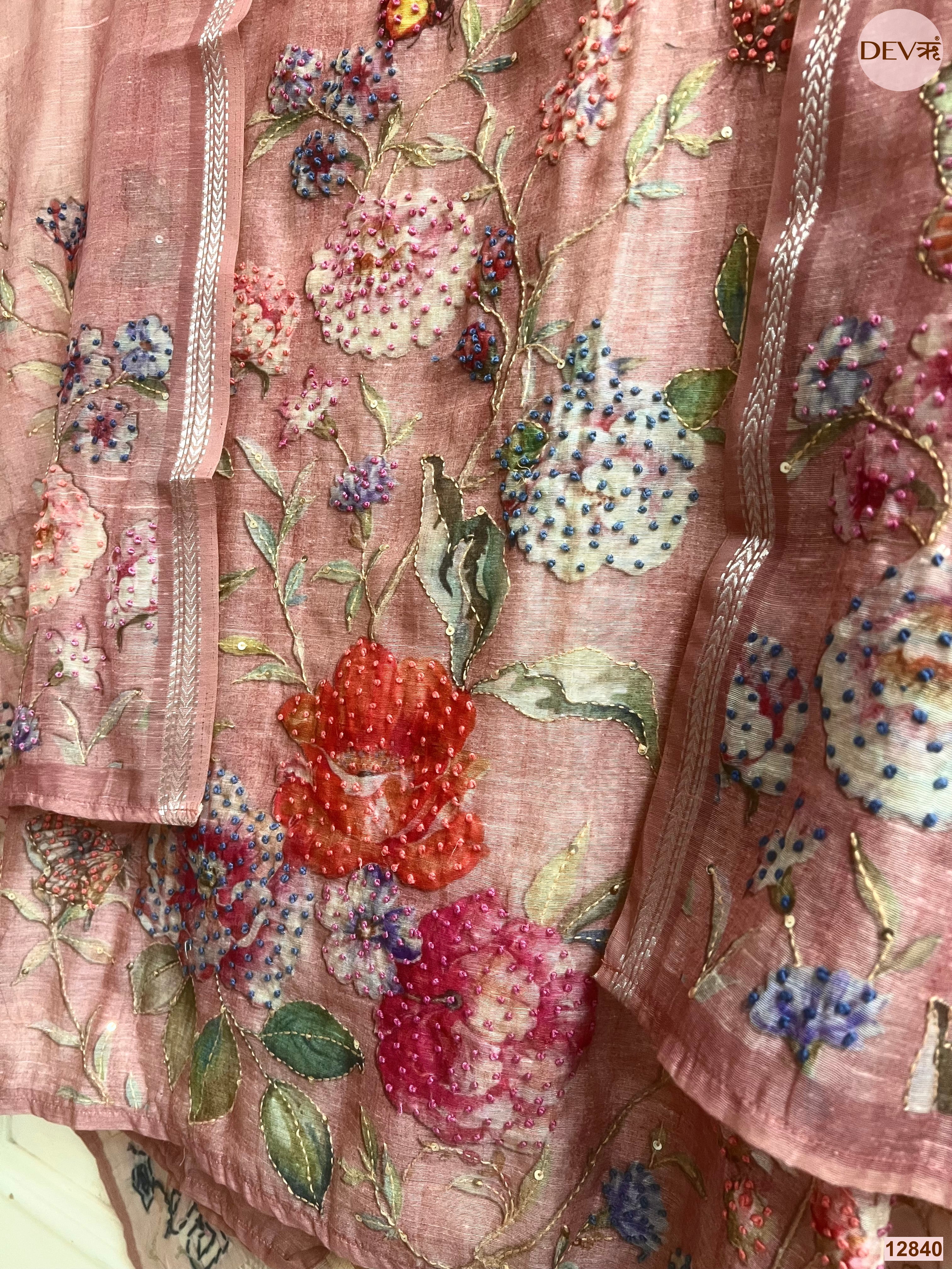 Pink Mul Chanderi Embroidered Unstitched 3-Piece Suit (Devri – D.No 12840)