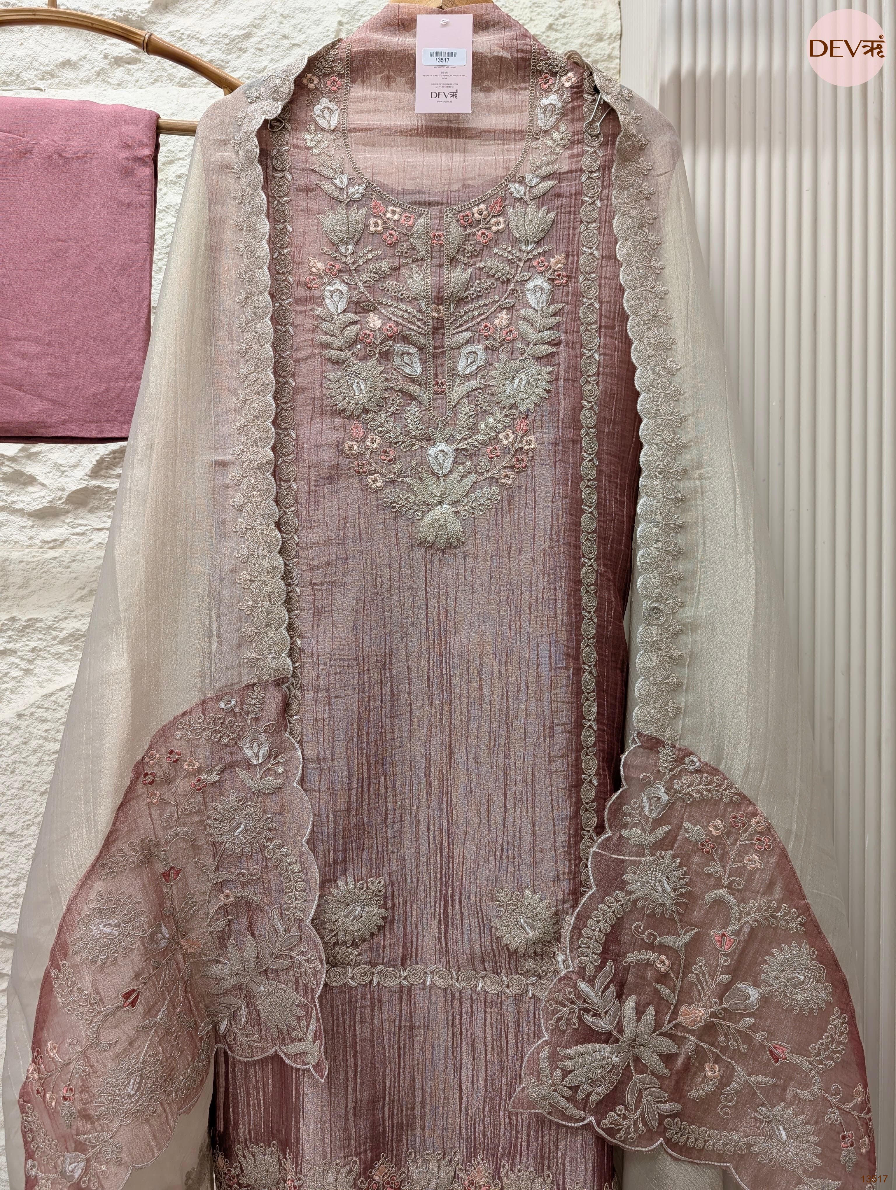 Pink Tissue Silk Embroidered Unstitched 3-Piece Suit (Devri – D.No 13517)