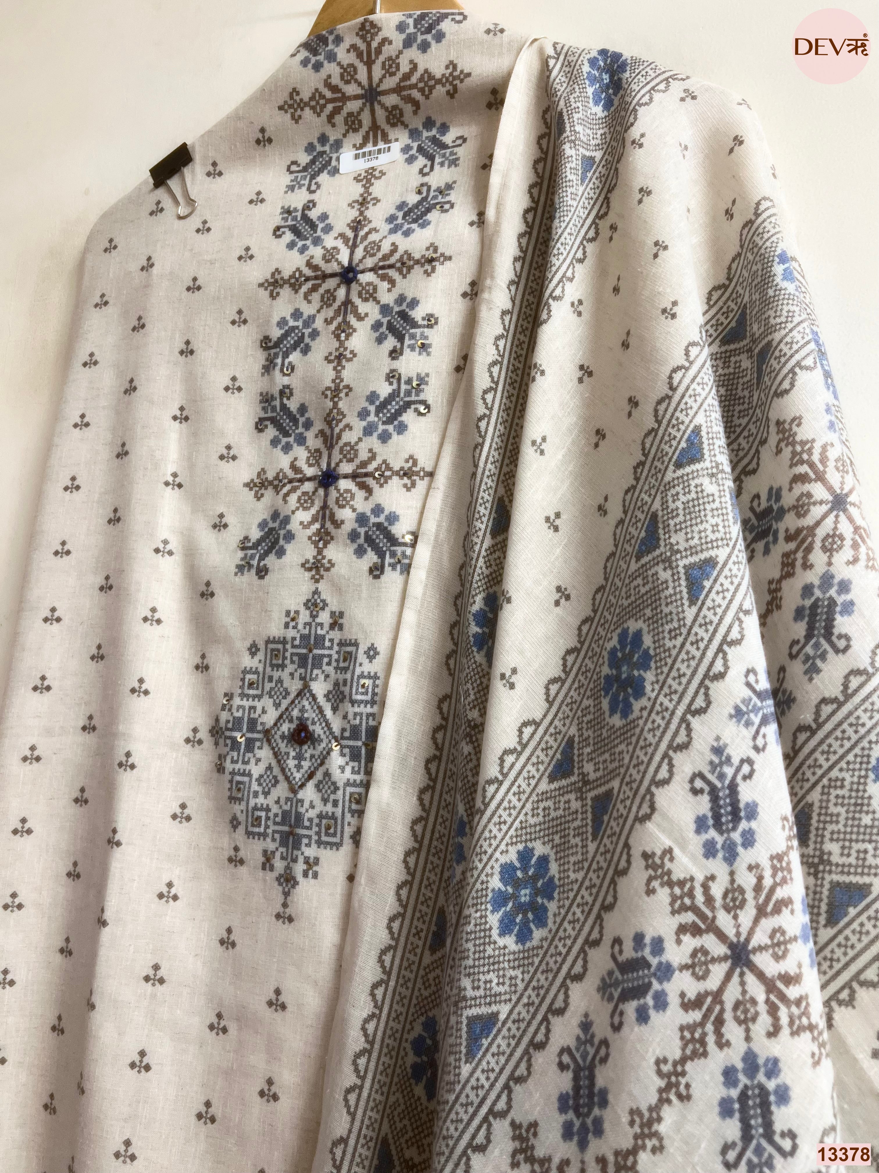 Off White Khadi Cotton Printed Unstitched 3-Piece Suit (Devri – D.No 13378)