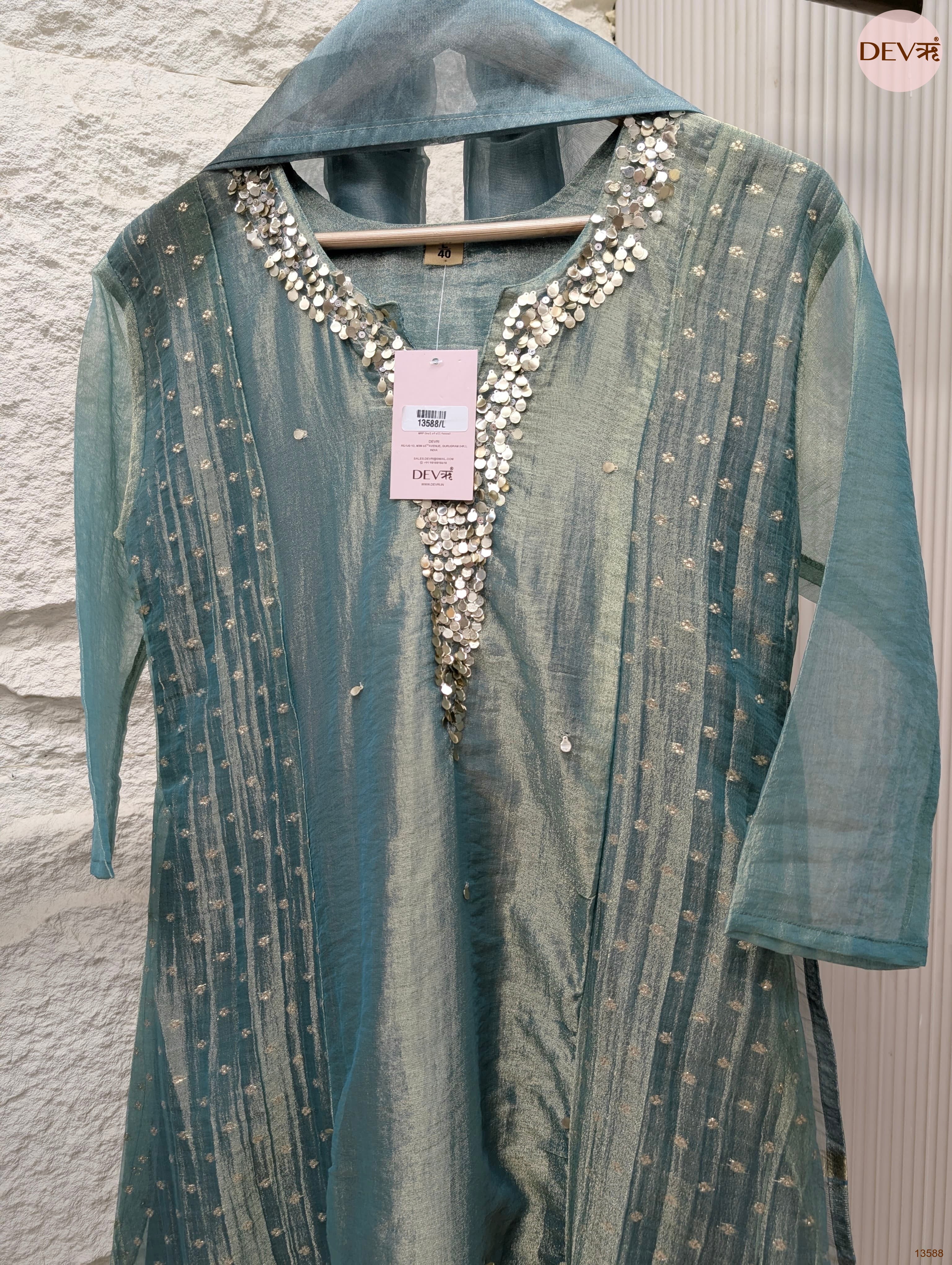 Zareen Tissue Crush Silk Embroidered Sea Green 3-Piece Set (Devri – D.No 13588)