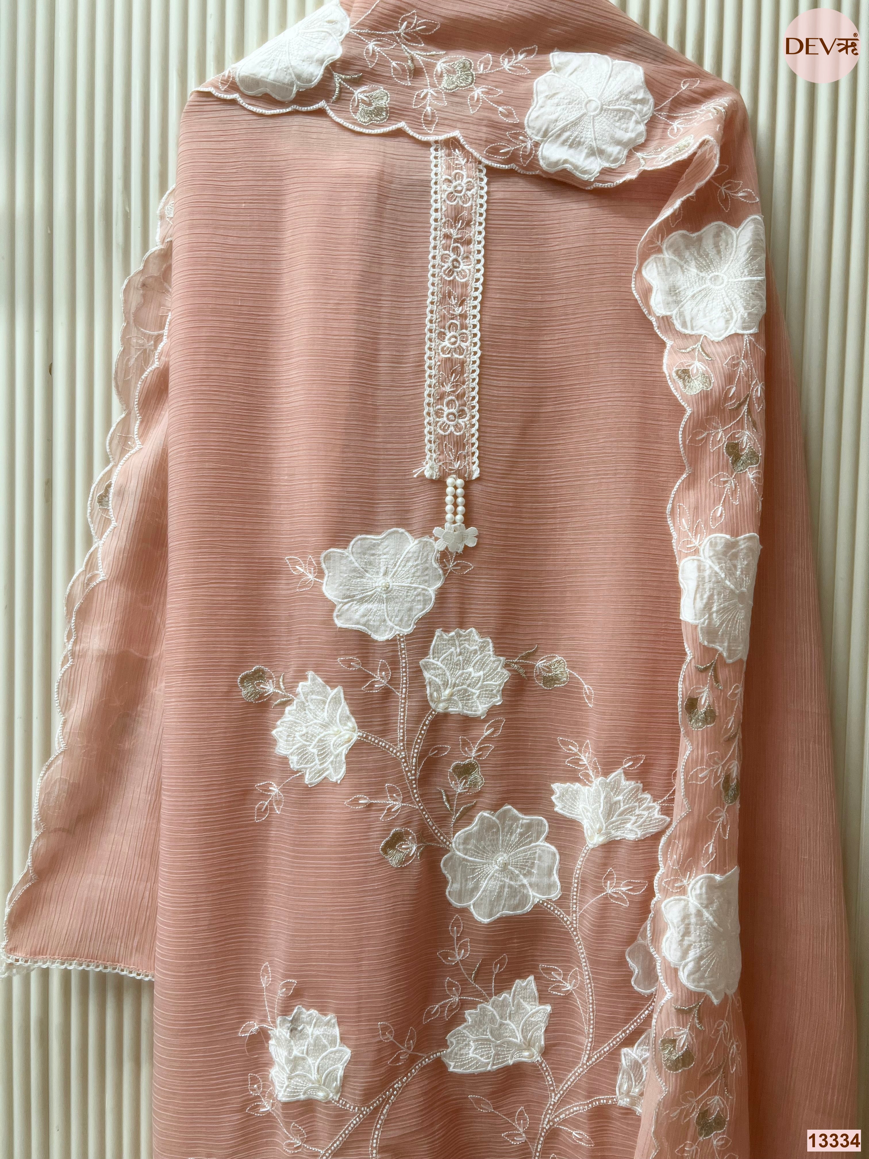 Peach Mul Chanderi Crush Embroidered Unstitched 3-Piece Suit (Devri – D.No 13334)
