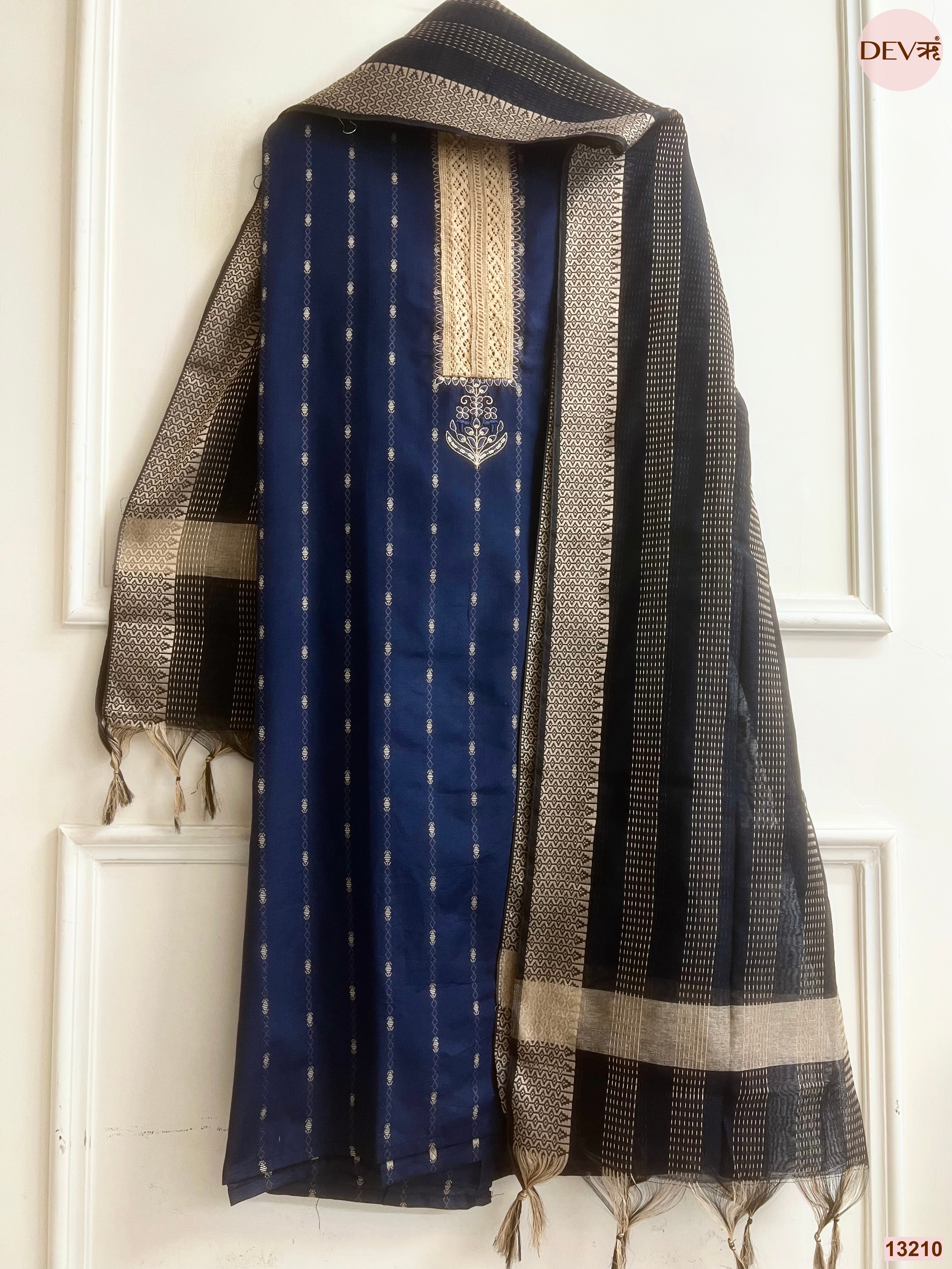 Navy Cotton Handloom Printed Unstitched 3-Piece Suit (Devri – D.No 13210)