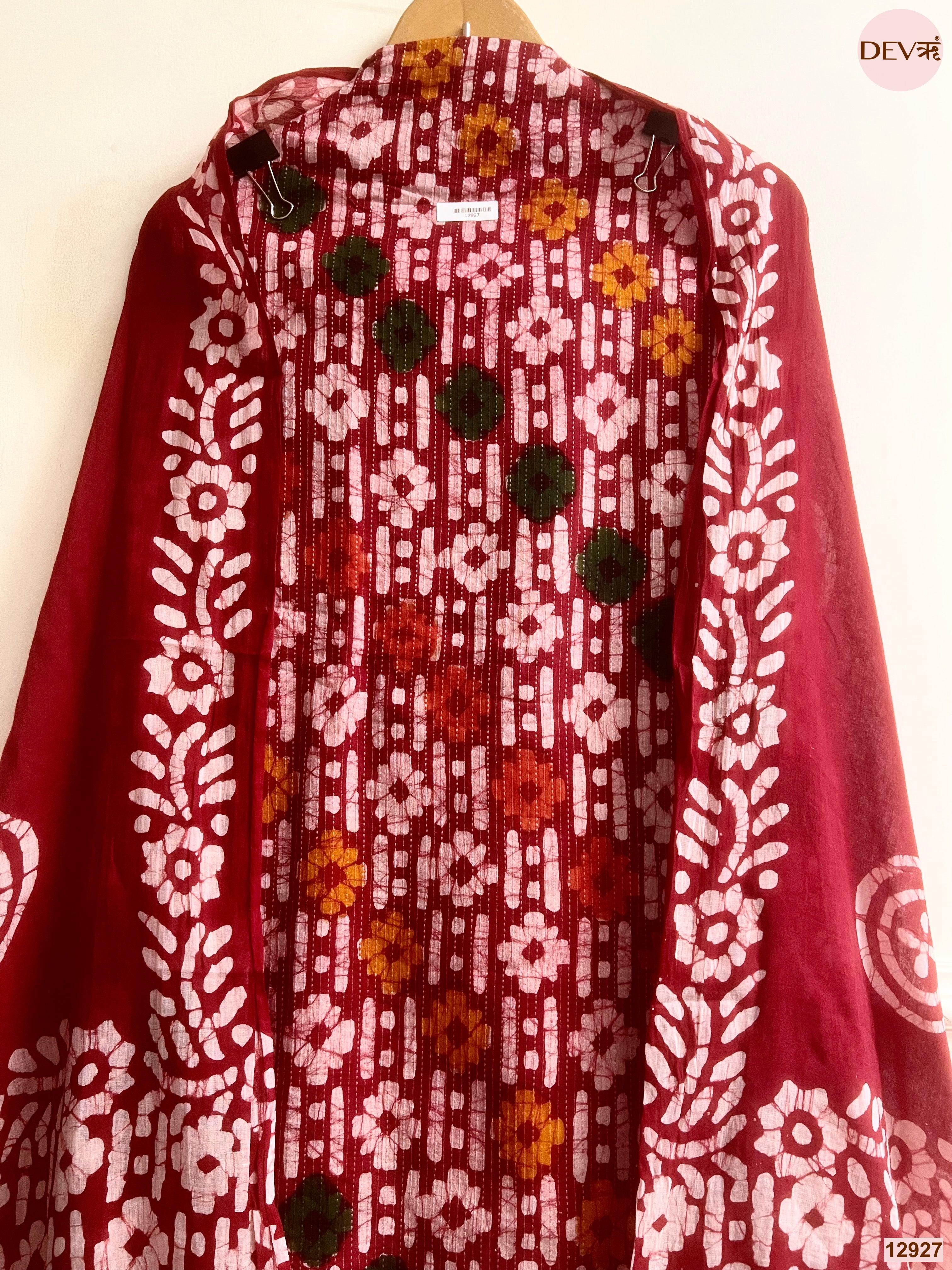 Maroon Cotton Batik Printed Unstitched 3-Piece Suit (Devri – D.No 12927)