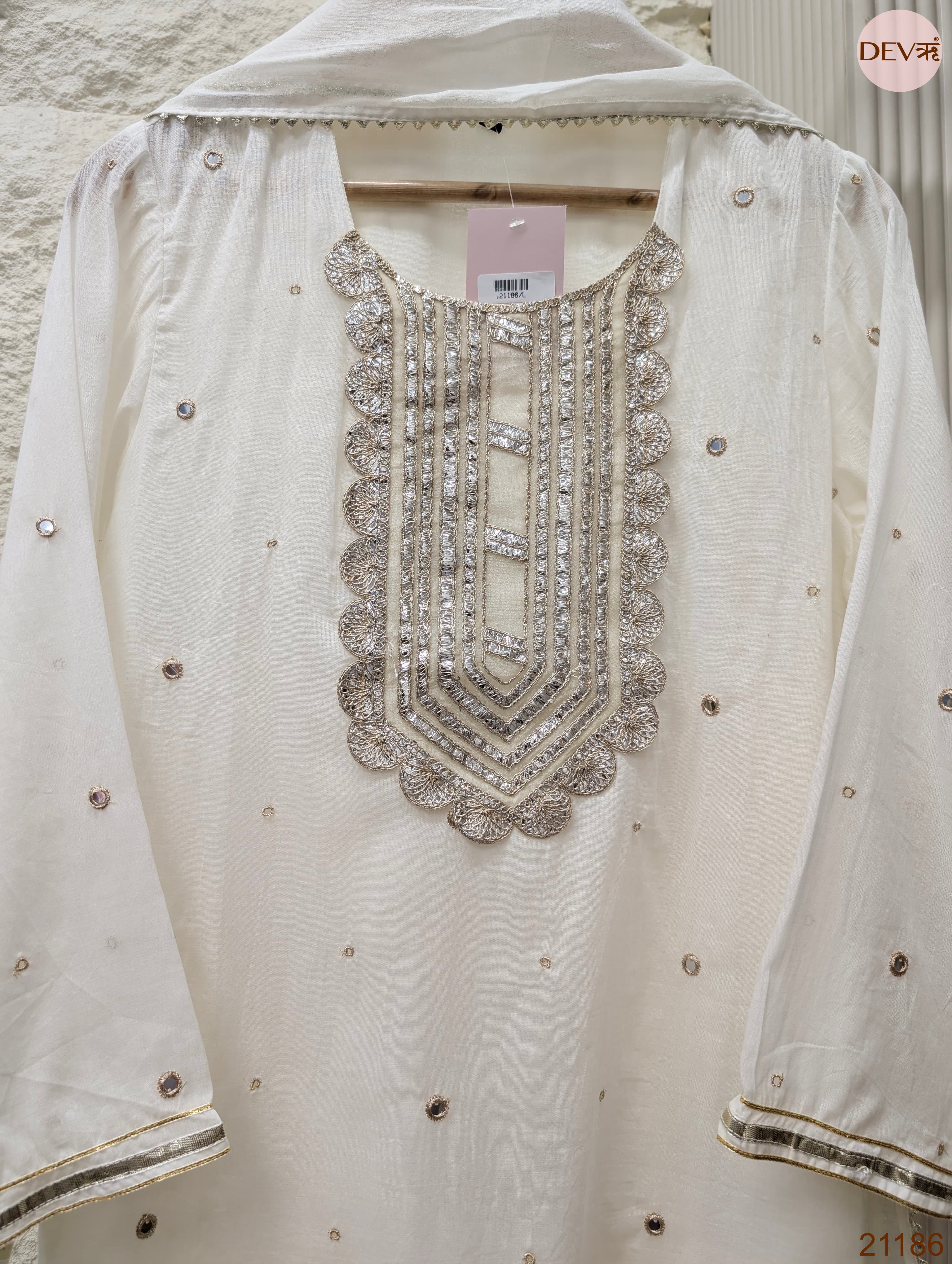 Noor Pure mul cotton Embroidered Off White 3-Piece Set (Devri – D.No 21186)