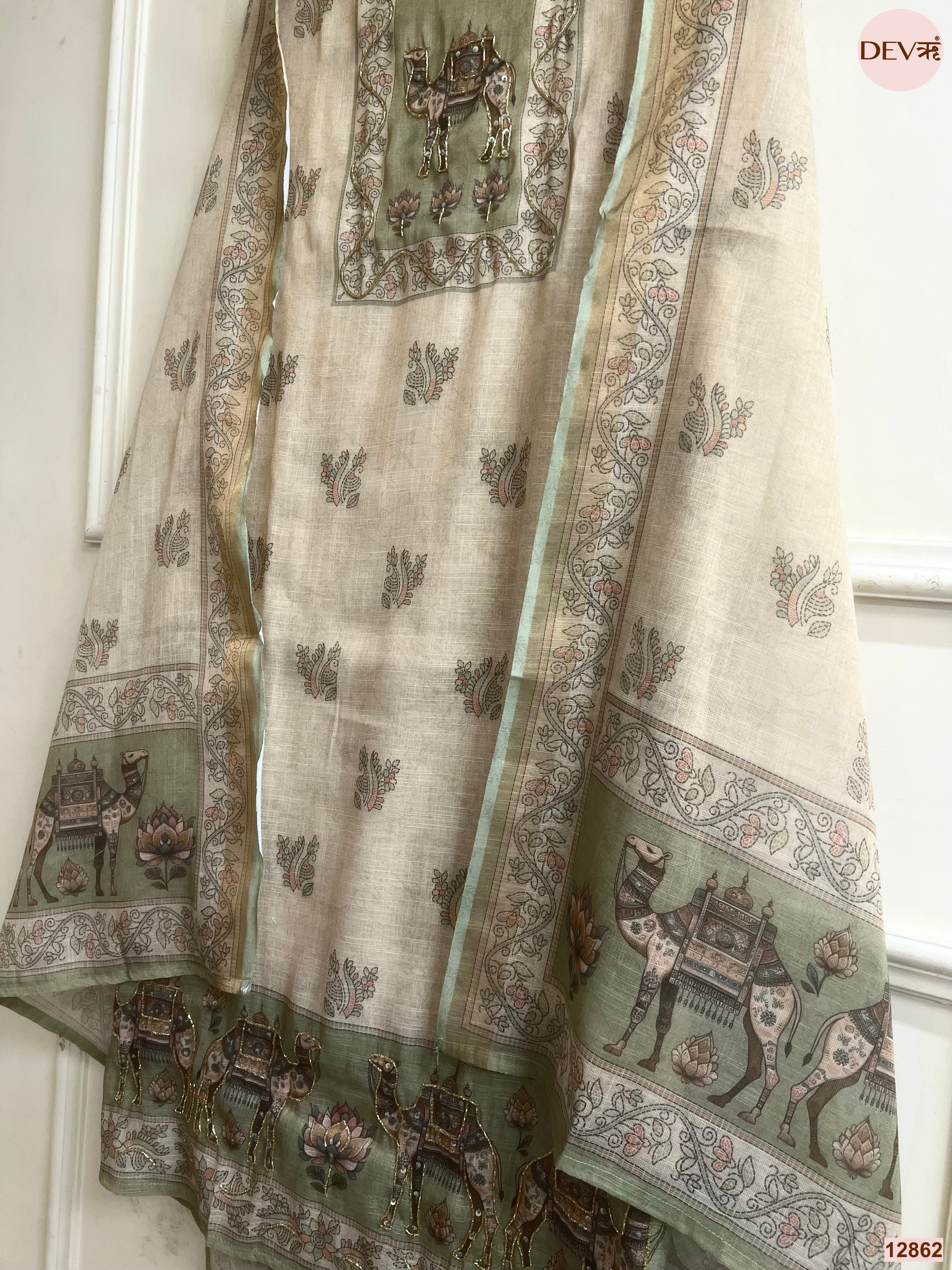 Green Linen Cotton Printed Unstitched 3-Piece Suit (Devri – D.No 12862)