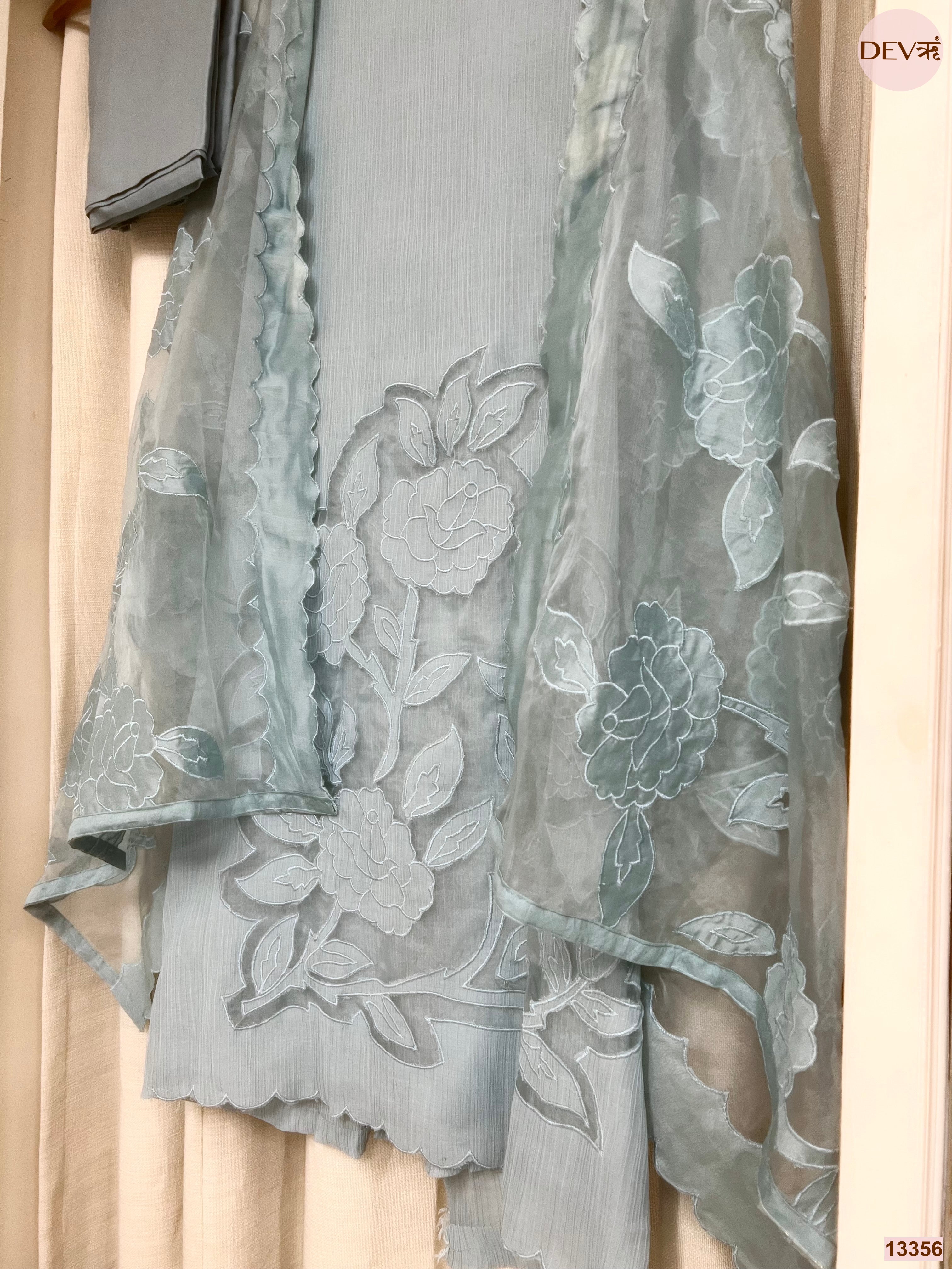 Blue Mul Chanderi Embroidered Unstitched 3-Piece Suit (Devri – D.No 13356)