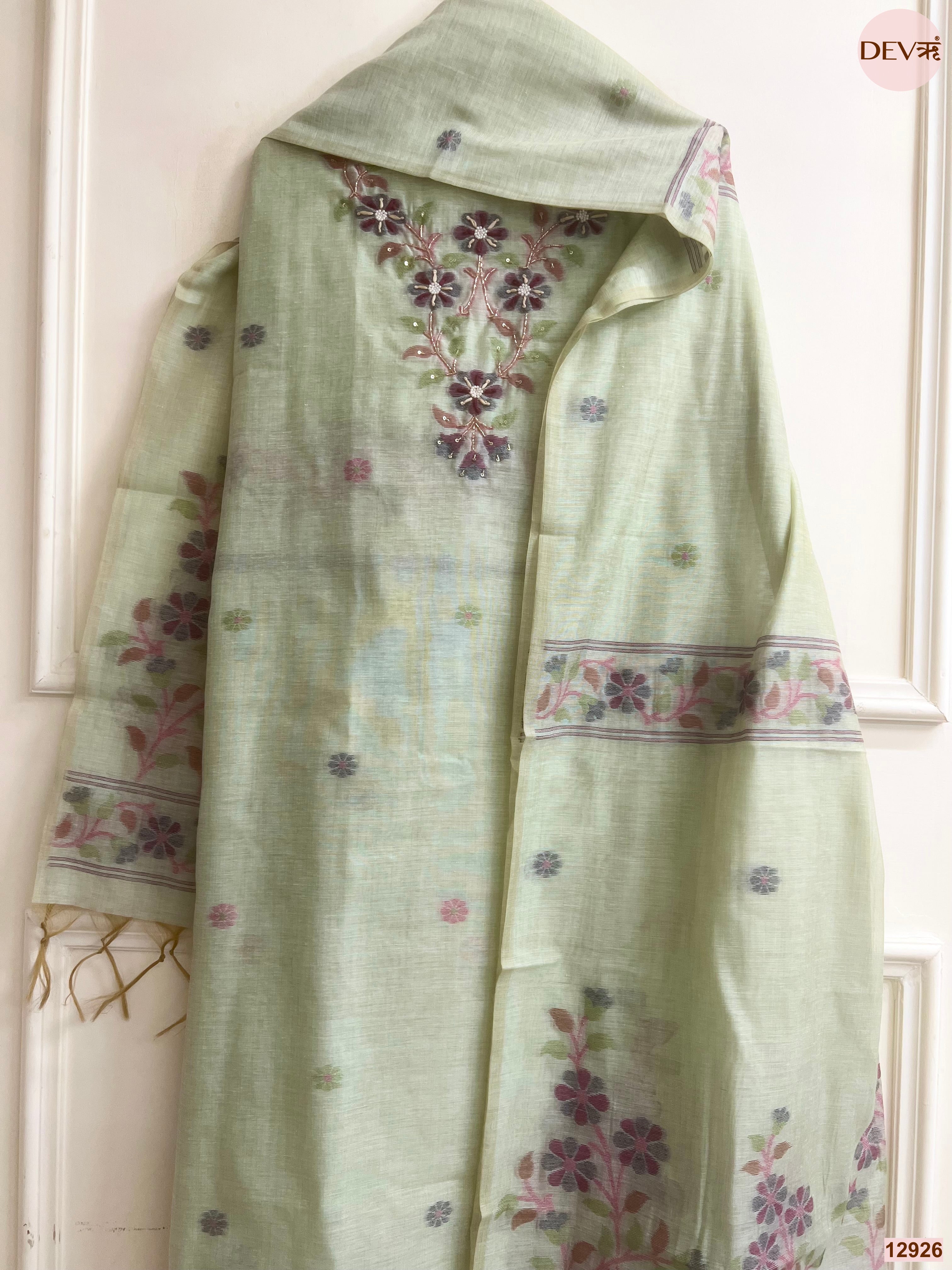 Green Jamdani Cotton Printed Unstitched 3-Piece Suit (Devri – D.No 12926)