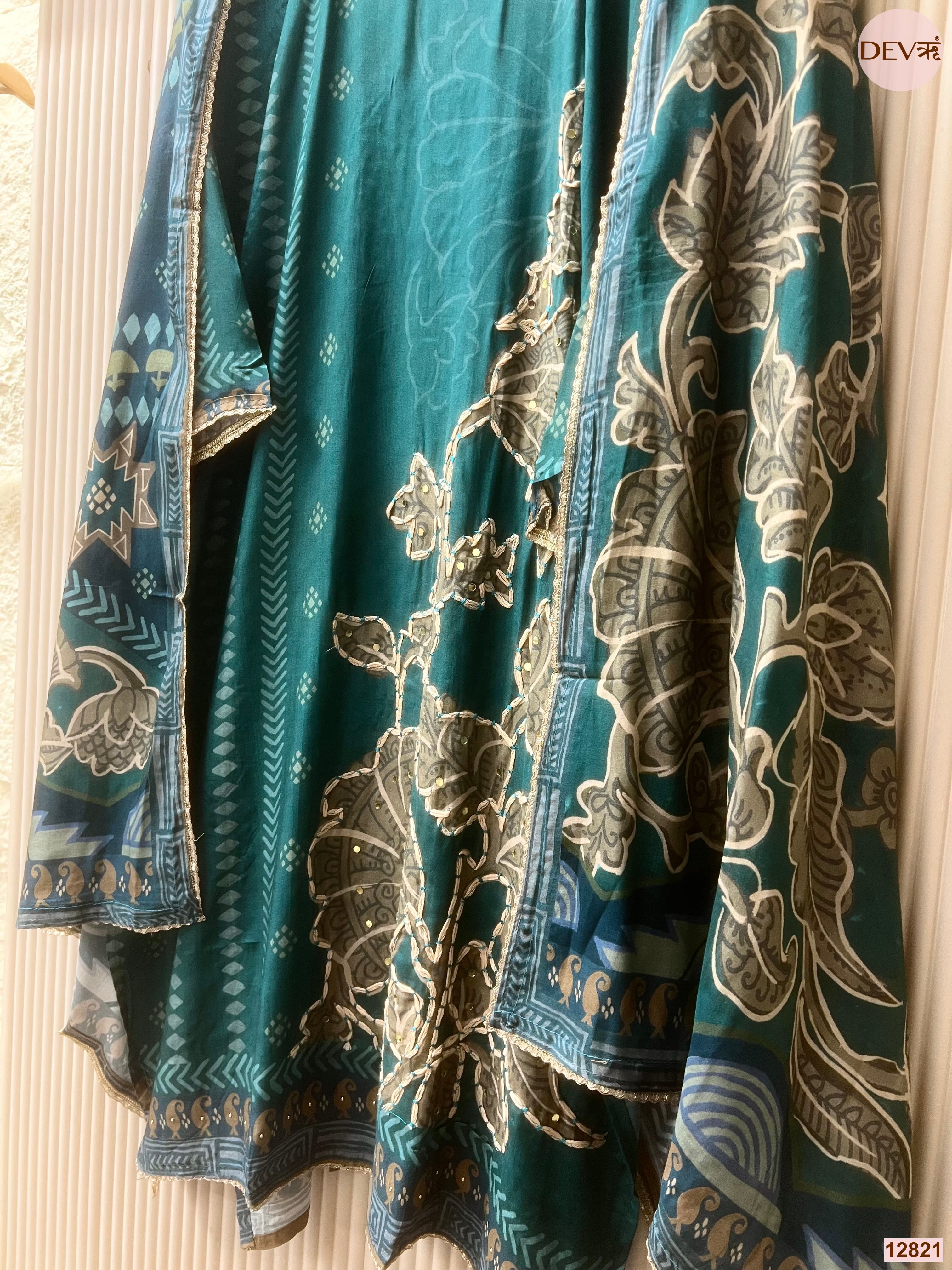 Teal Muslin Printed Unstitched 3-Piece Suit (Devri – D.No 12821)