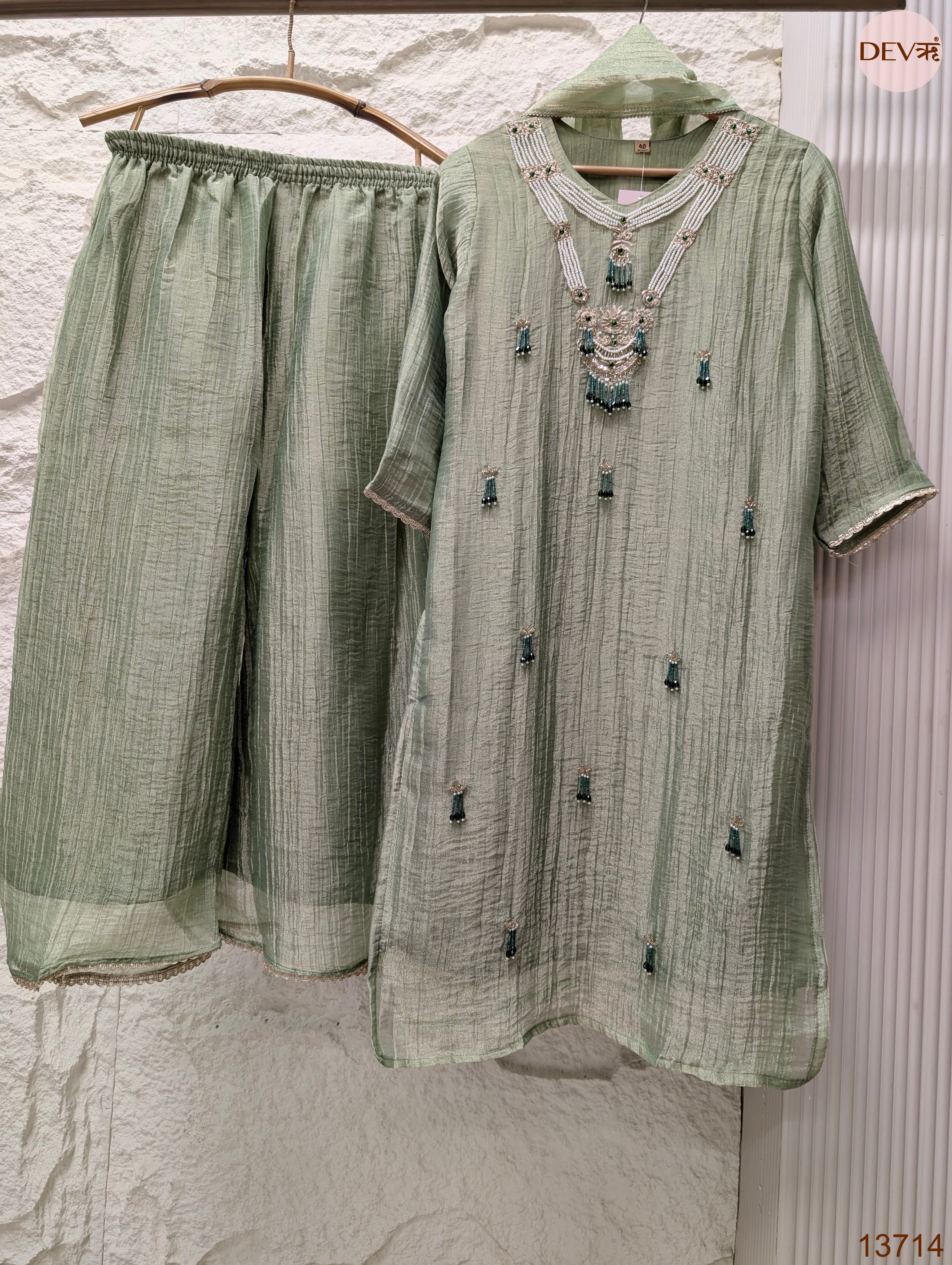 Gulnaar Tissue crush silk Embroidered Sage Green 3-Piece Set (Devri – D.No 13714)