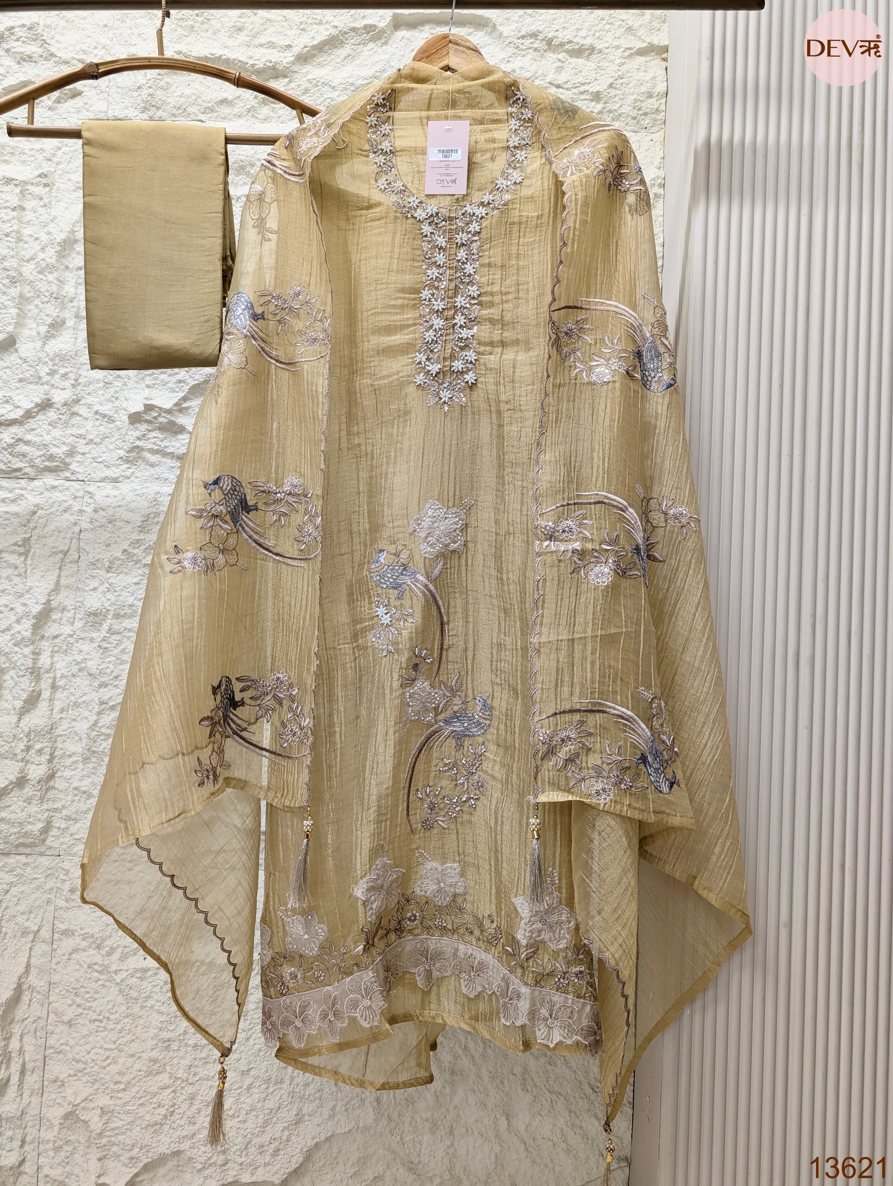 Beige Tissue Crush Silk Embroidered Unstitched 3-Piece Suit (Devri – D.No 13621)