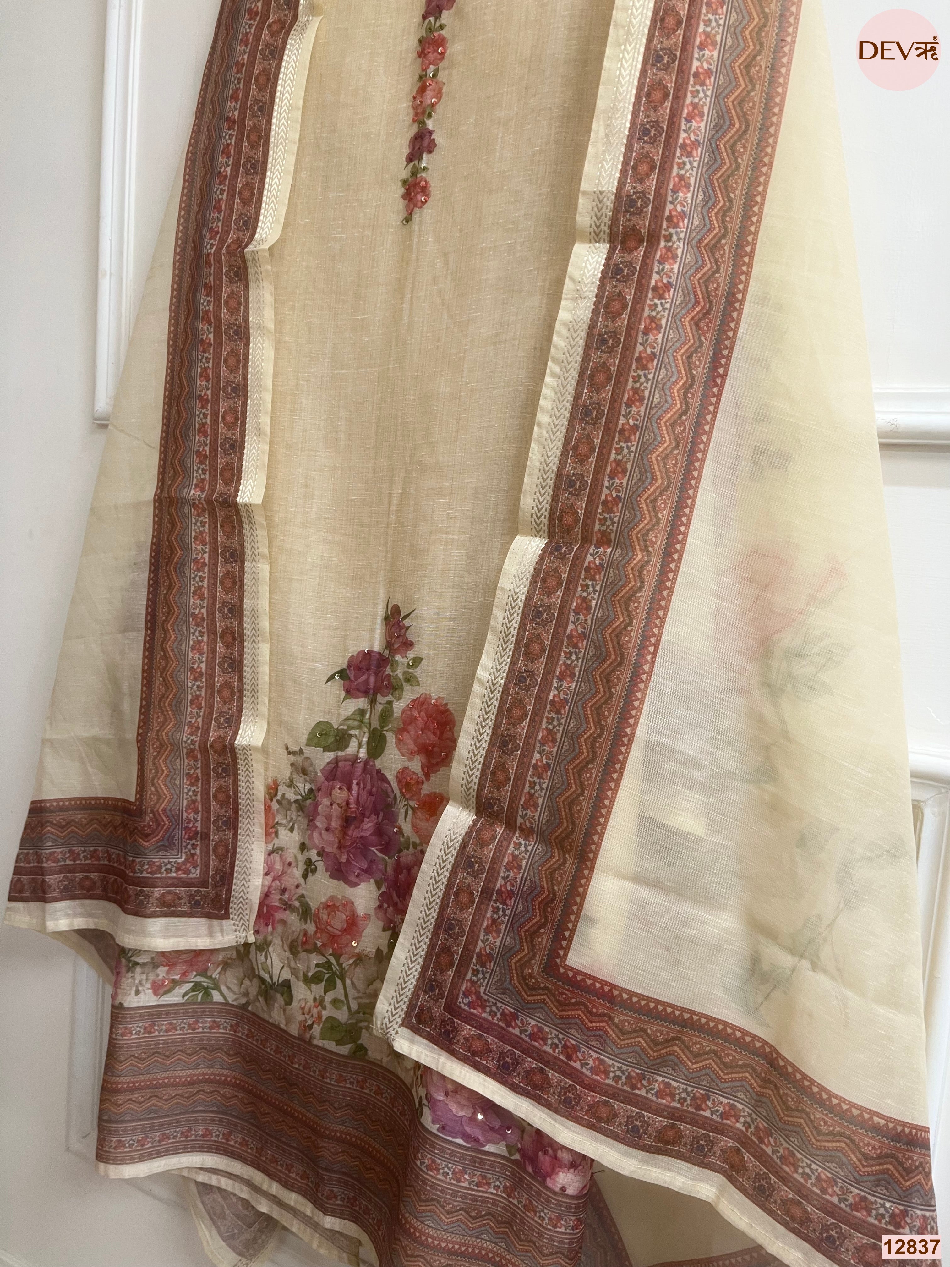 Cream Mul Chanderi Printed Unstitched 3-Piece Suit (Devri – D.No 12837)