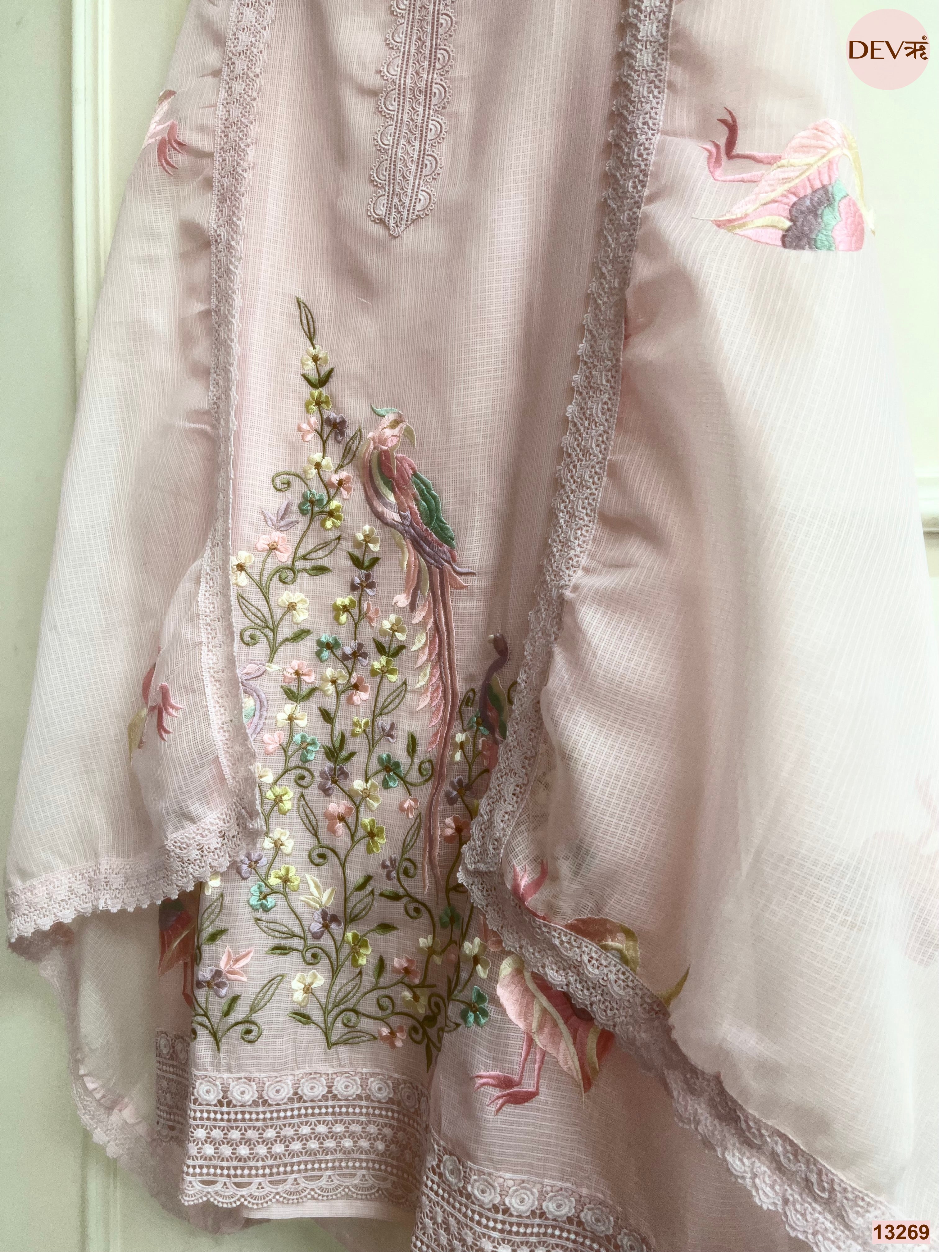 Pink Kota Cotton Embroidered Unstitched 3-Piece Suit (Devri – D.No 13269)