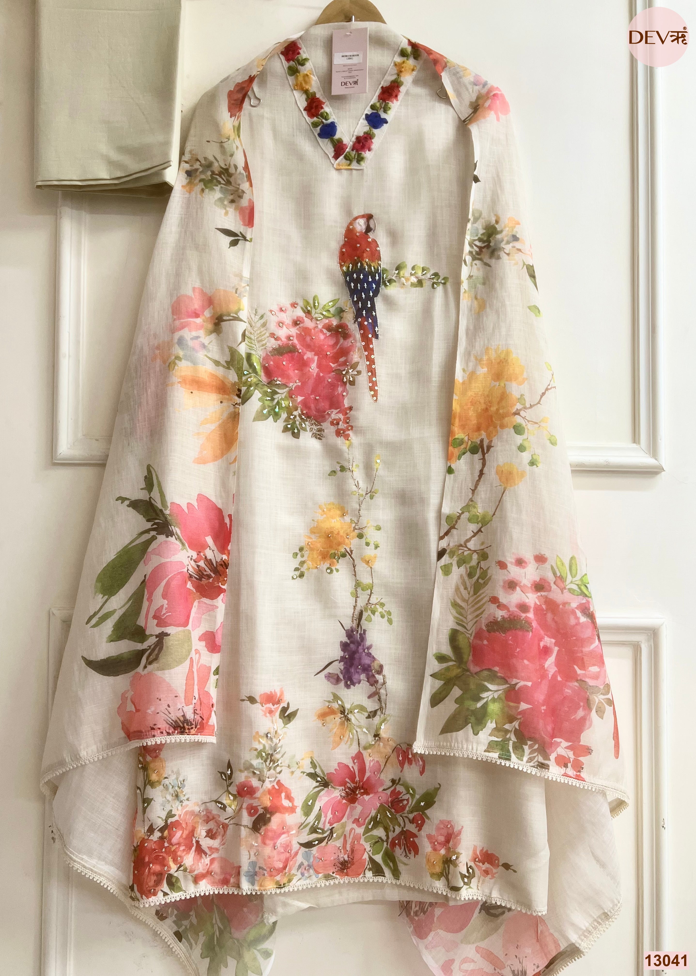 Beige Linen Printed Unstitched 3-Piece Suit (Devri – D.No 13041)